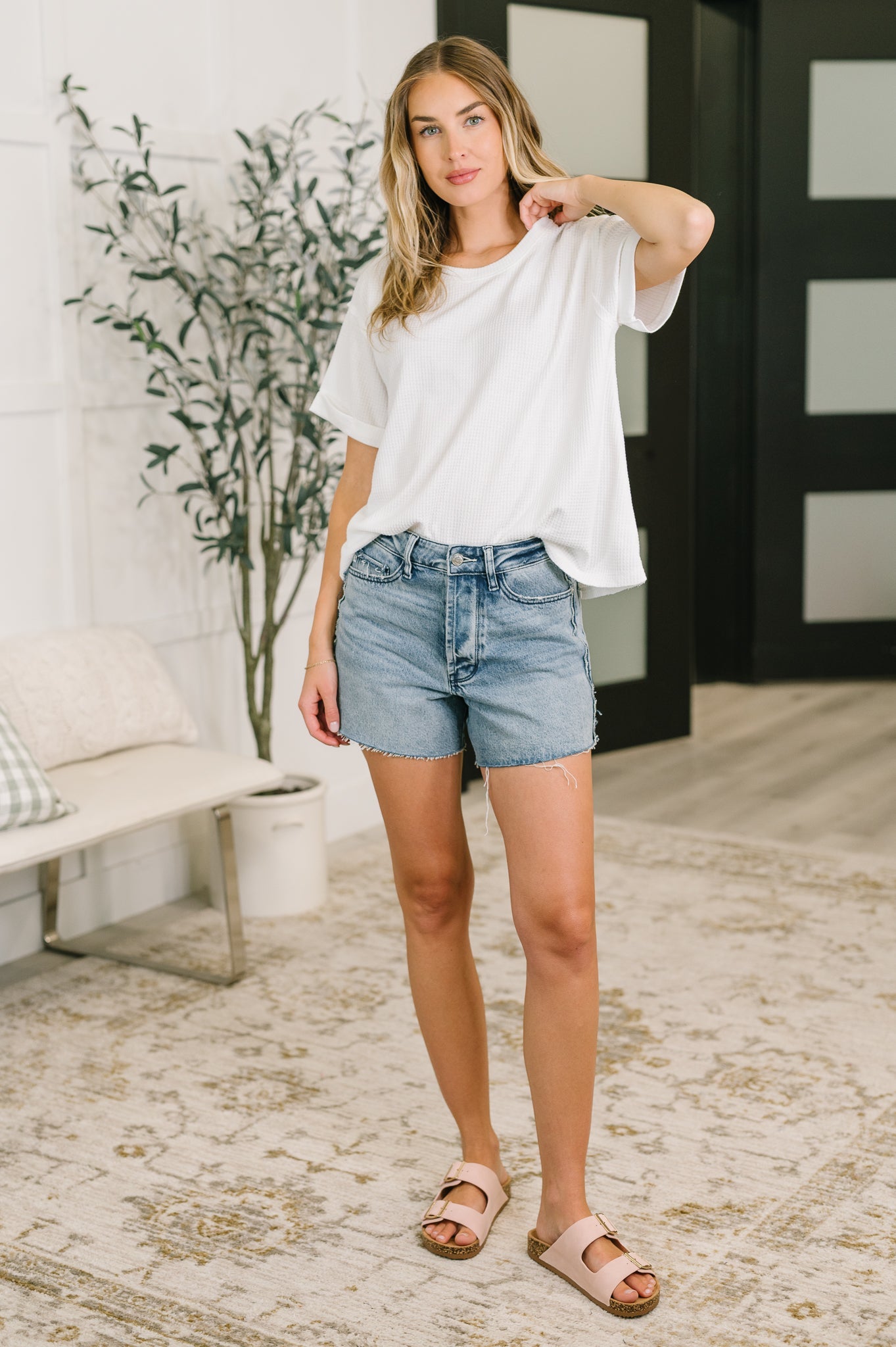 Leave It to Me Waffle Knit Relaxed Tee in Ivory Womens