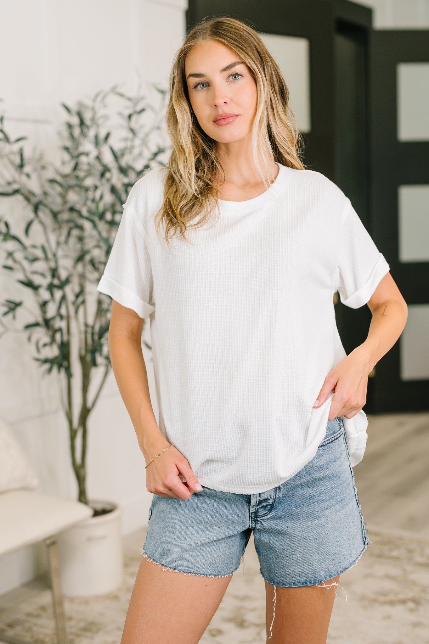 Leave It to Me Waffle Knit Relaxed Tee in Ivory Womens