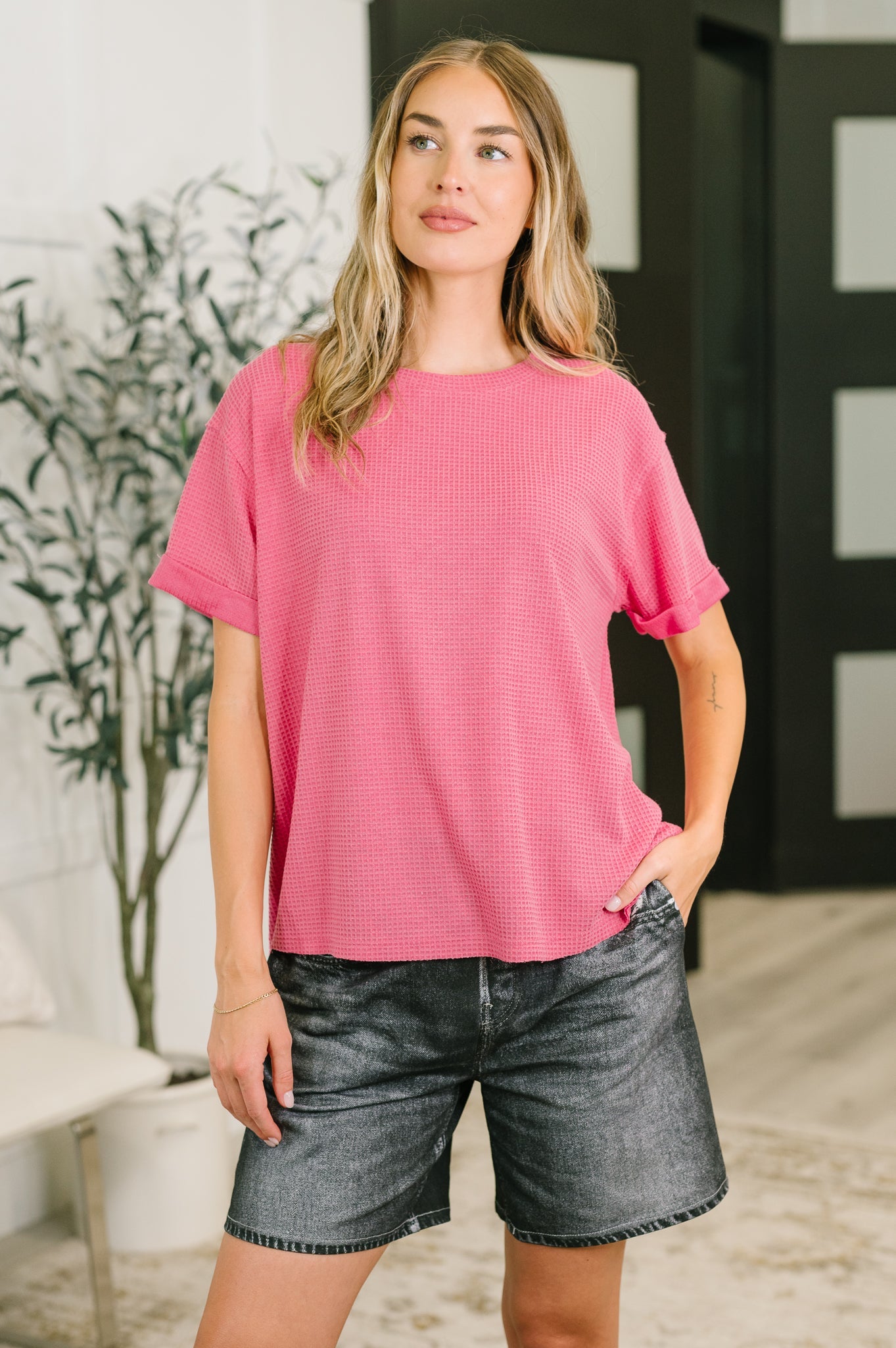 Leave It to Me Waffle Knit Relaxed Tee in Pink Womens