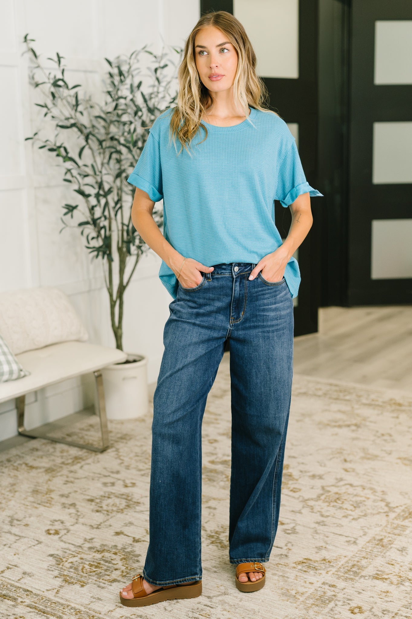 Leave It to Me Waffle Knit Relaxed Tee in Teal Womens