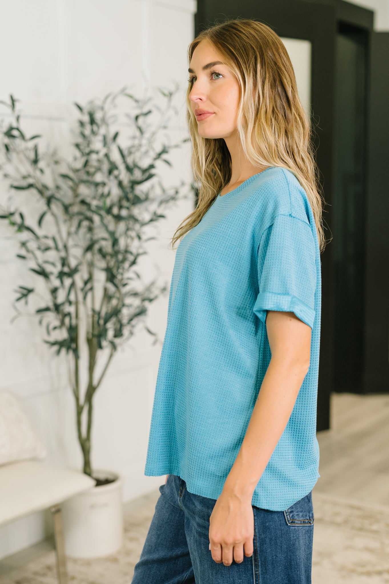 Leave It to Me Waffle Knit Relaxed Tee in Teal Womens