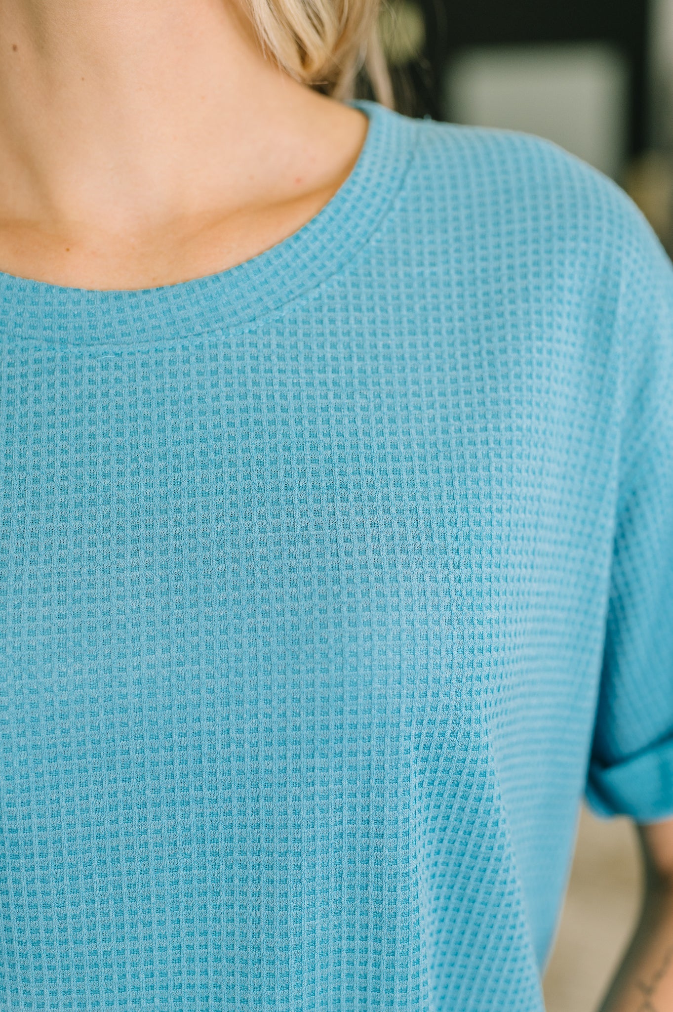 Leave It to Me Waffle Knit Relaxed Tee in Teal Womens