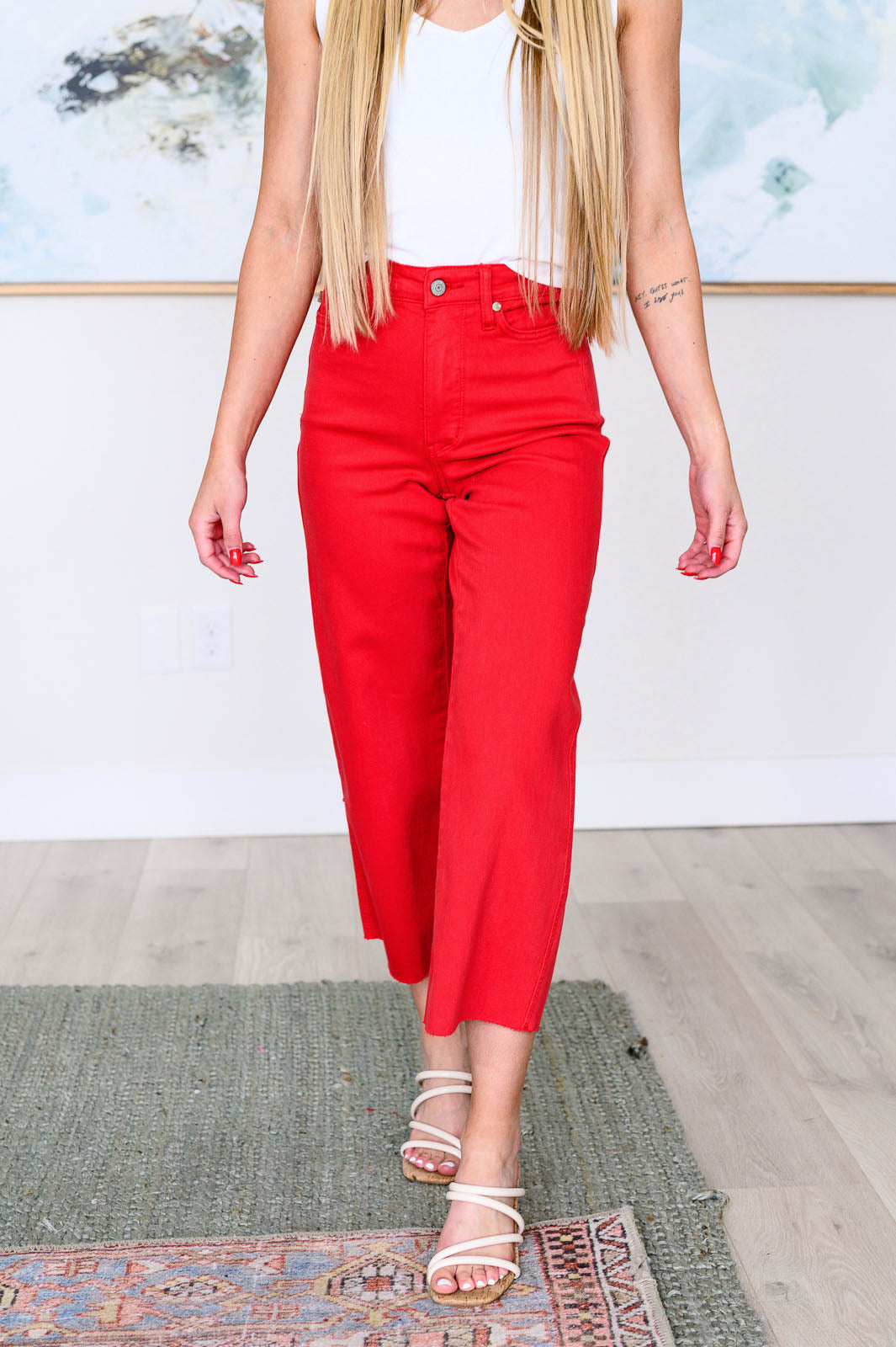 Judy Blue Lisa High Rise Control Top Wide Leg Crop Jeans in Red Denim