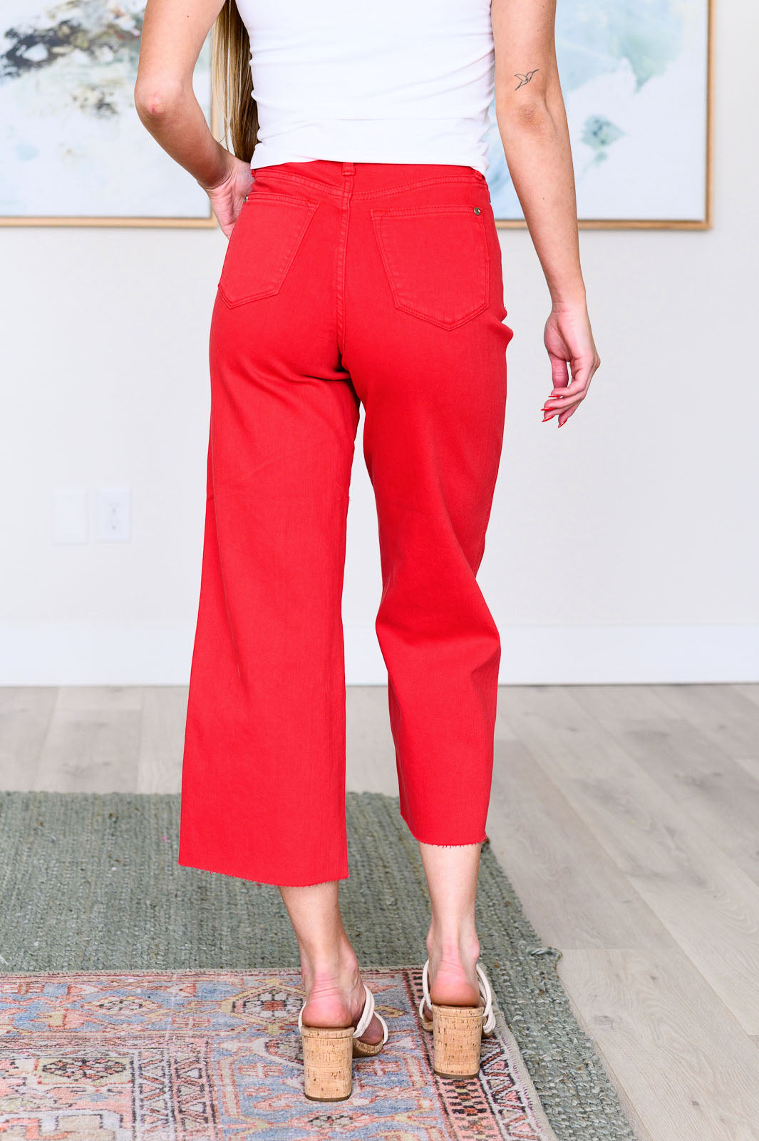 Judy Blue Lisa High Rise Control Top Wide Leg Crop Jeans in Red Denim