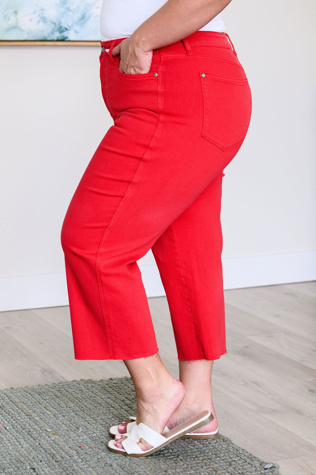 Judy Blue Lisa High Rise Control Top Wide Leg Crop Jeans in Red Denim
