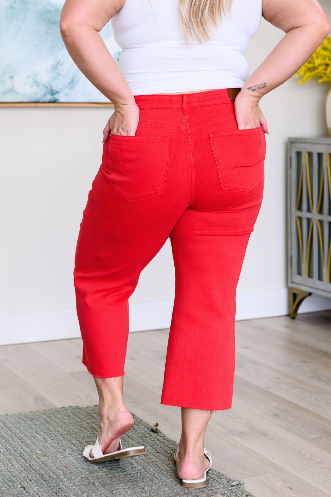 Judy Blue Lisa High Rise Control Top Wide Leg Crop Jeans in Red Denim