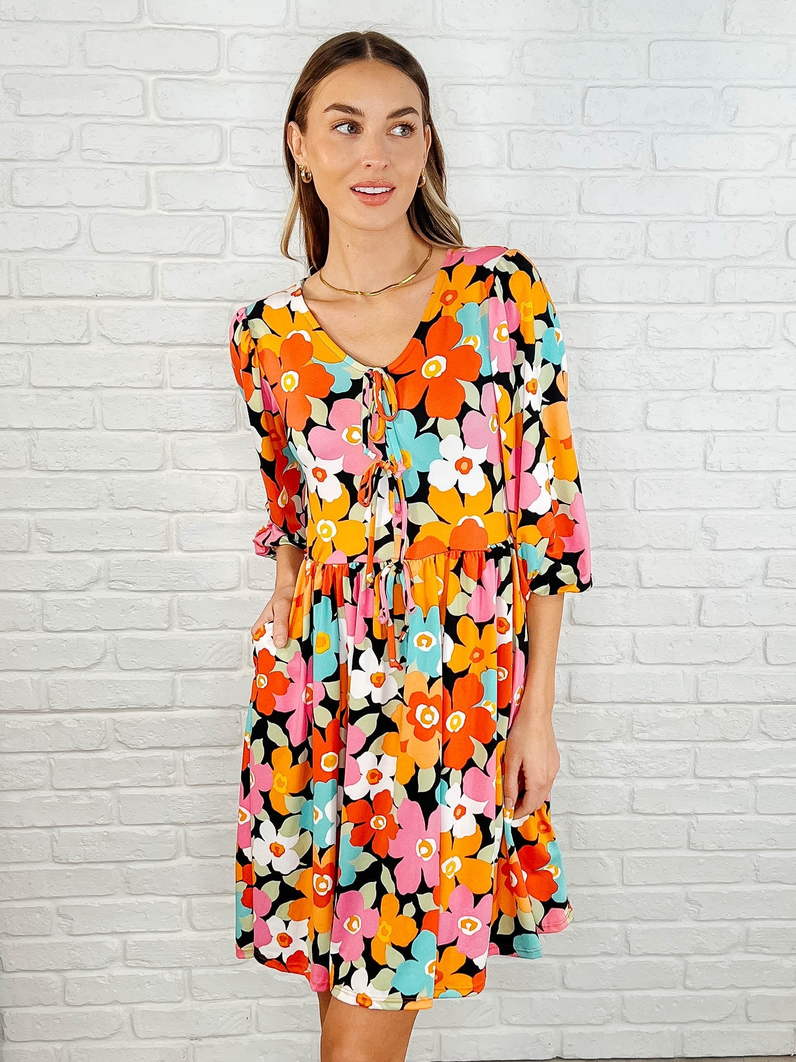 Haptics Little Bold V-Neck Ribbon Bow Detail Floral Knit Dress Womens