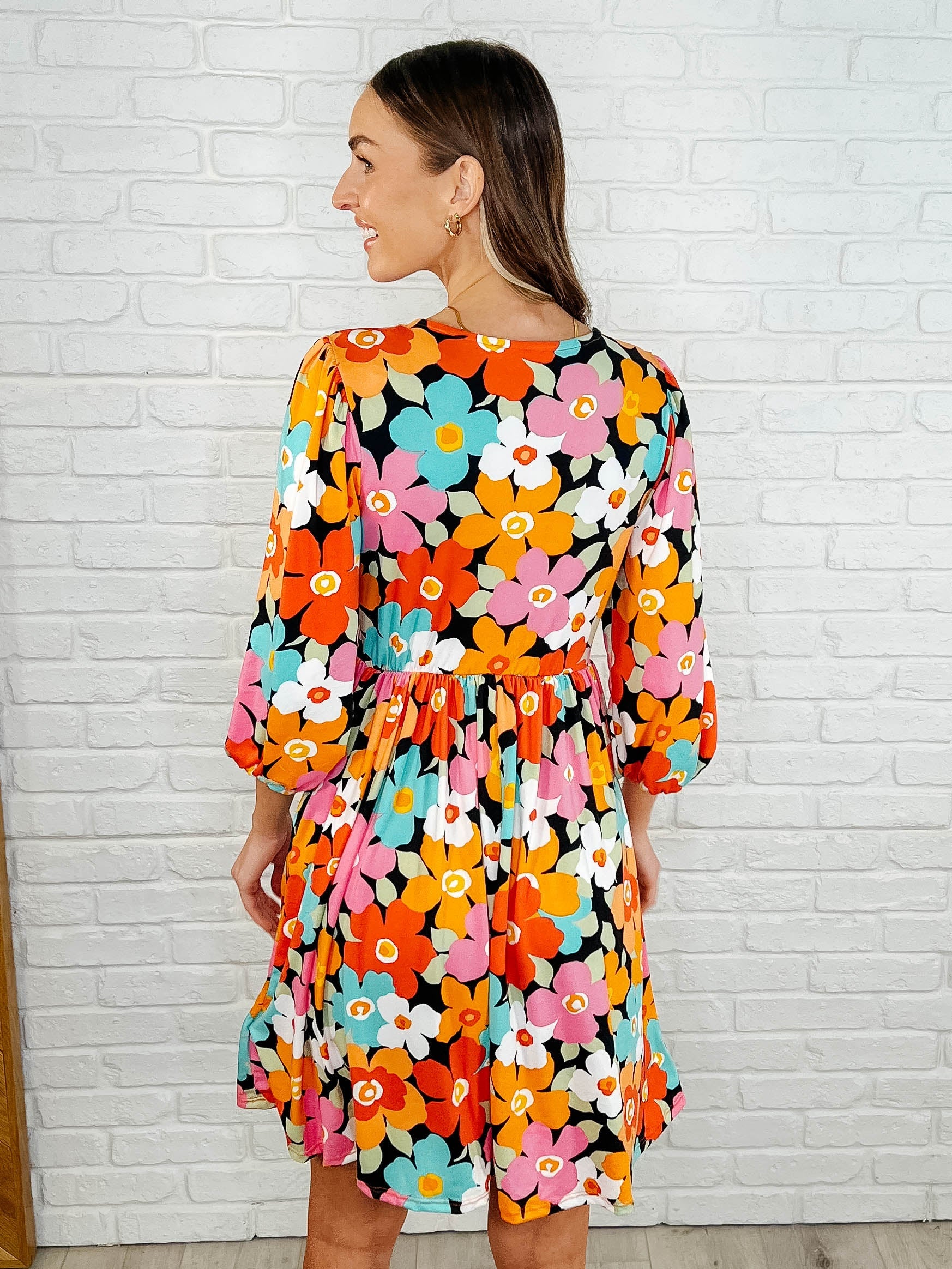 Haptics Little Bold V-Neck Ribbon Bow Detail Floral Knit Dress Womens