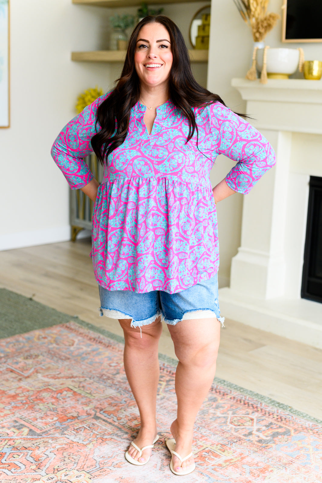 Dear Scarlett Lizzy Babydoll Top in Emerald and Pink Paisley Shirts & Tops