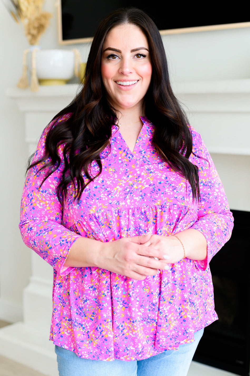 Dear Scarlett Lizzy Babydoll Top in Magenta Brushstrokes Shirts & Tops