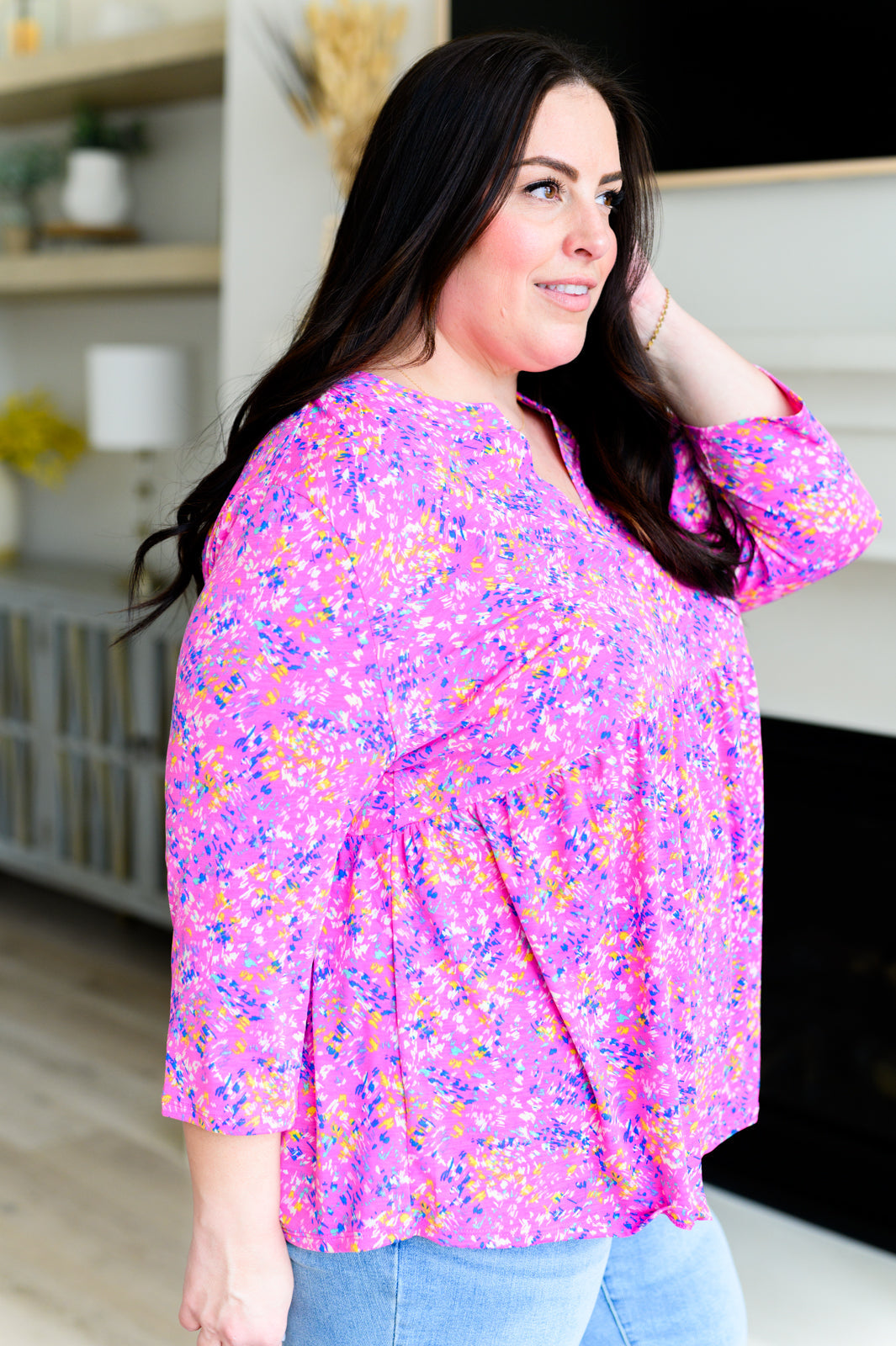 Dear Scarlett Lizzy Babydoll Top in Magenta Brushstrokes Shirts & Tops