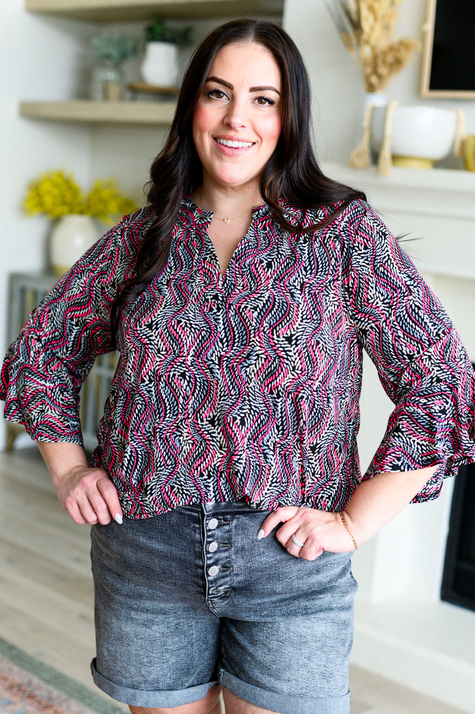 Dear Scarlett Lizzy Bell Sleeve Top in Black and Pink Rope Shirts & Tops