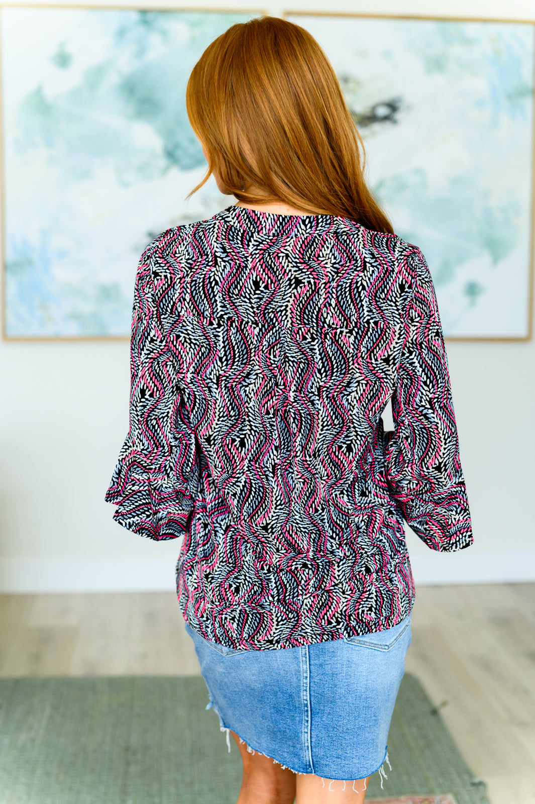 Dear Scarlett Lizzy Bell Sleeve Top in Black and Pink Rope Shirts & Tops