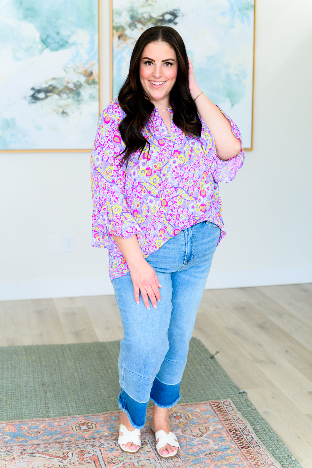 Dear Scarlett Lizzy Bell Sleeve Top in Lavender Retro Ditsy Floral Shirts & Tops
