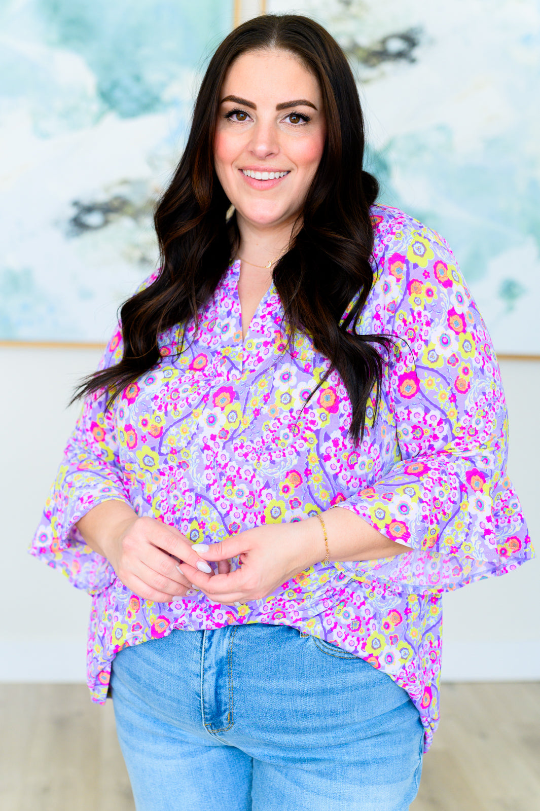 Dear Scarlett Lizzy Bell Sleeve Top in Lavender Retro Ditsy Floral Shirts & Tops