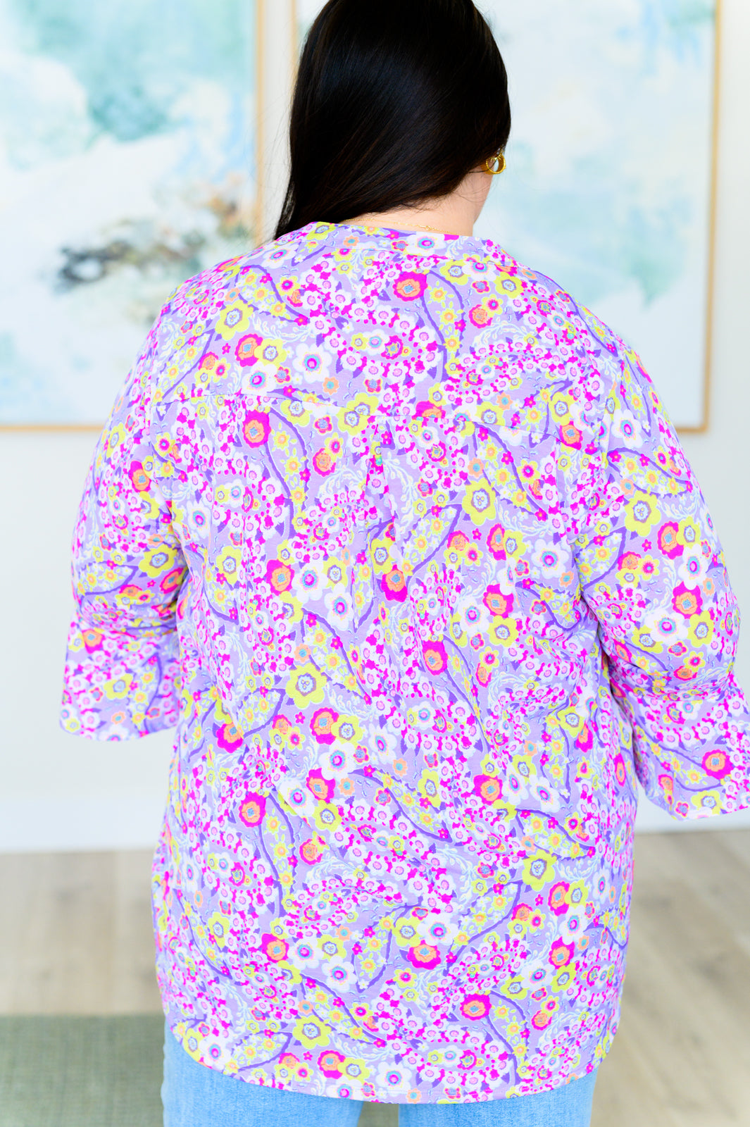 Dear Scarlett Lizzy Bell Sleeve Top in Lavender Retro Ditsy Floral Shirts & Tops