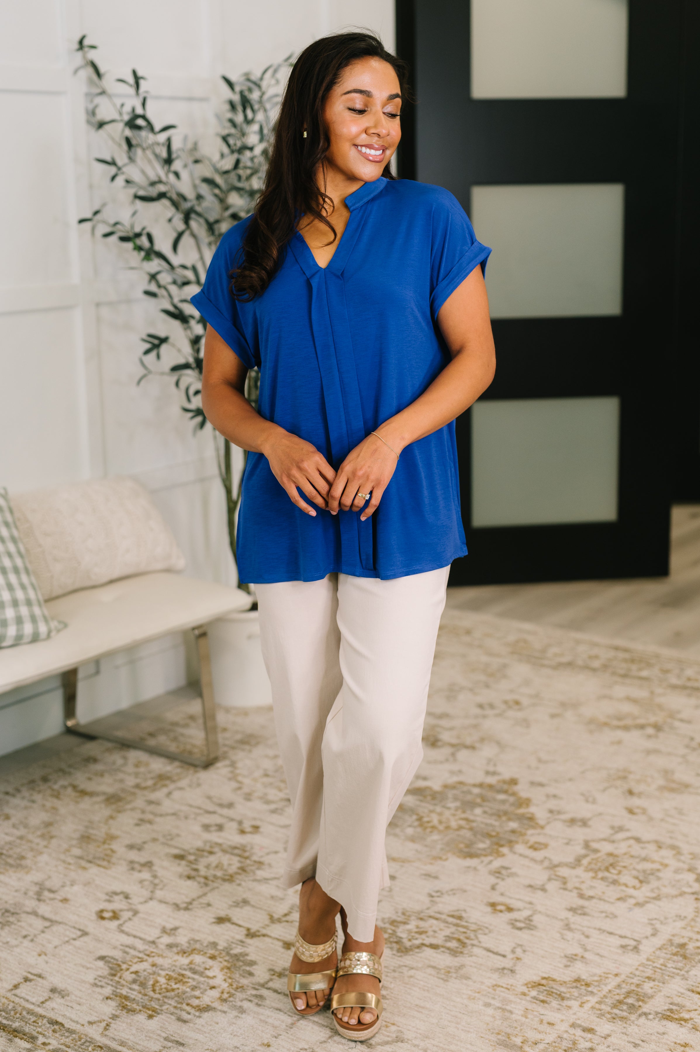 Dear Scarlett Lizzy Bloom Split Neck Blouse in Royal Blue Womens