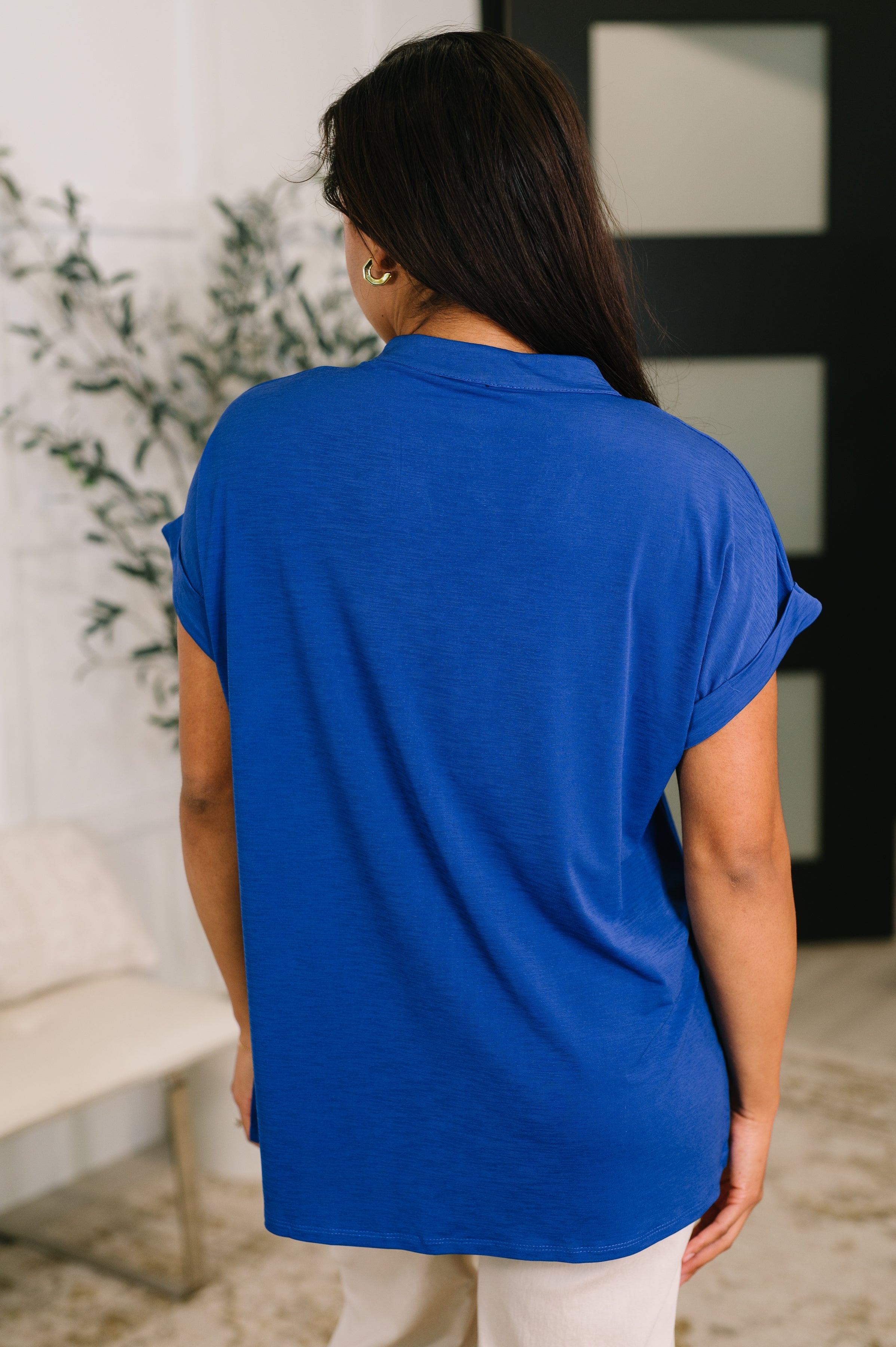Dear Scarlett Lizzy Bloom Split Neck Blouse in Royal Blue Womens
