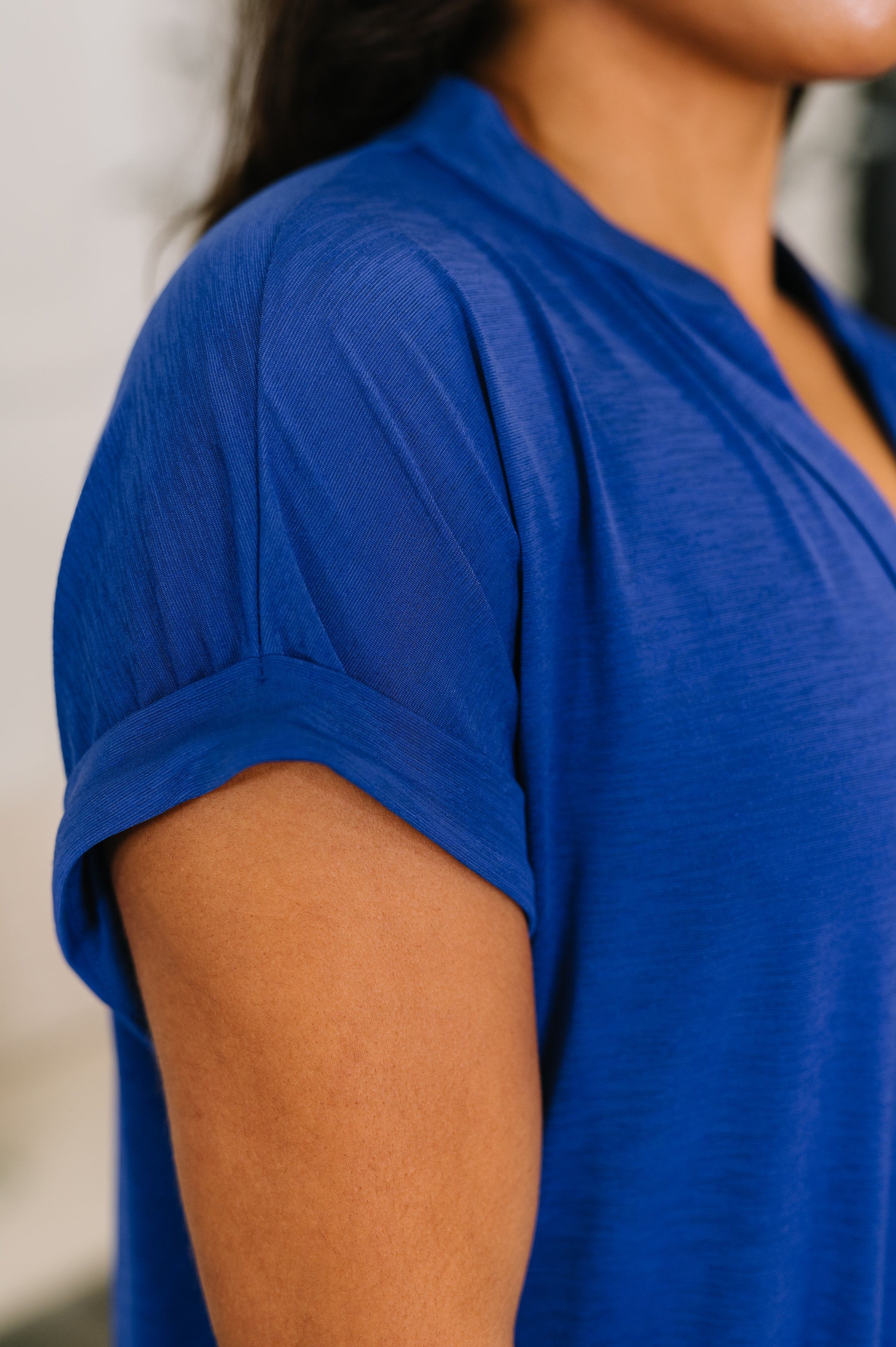 Dear Scarlett Lizzy Bloom Split Neck Blouse in Royal Blue Womens