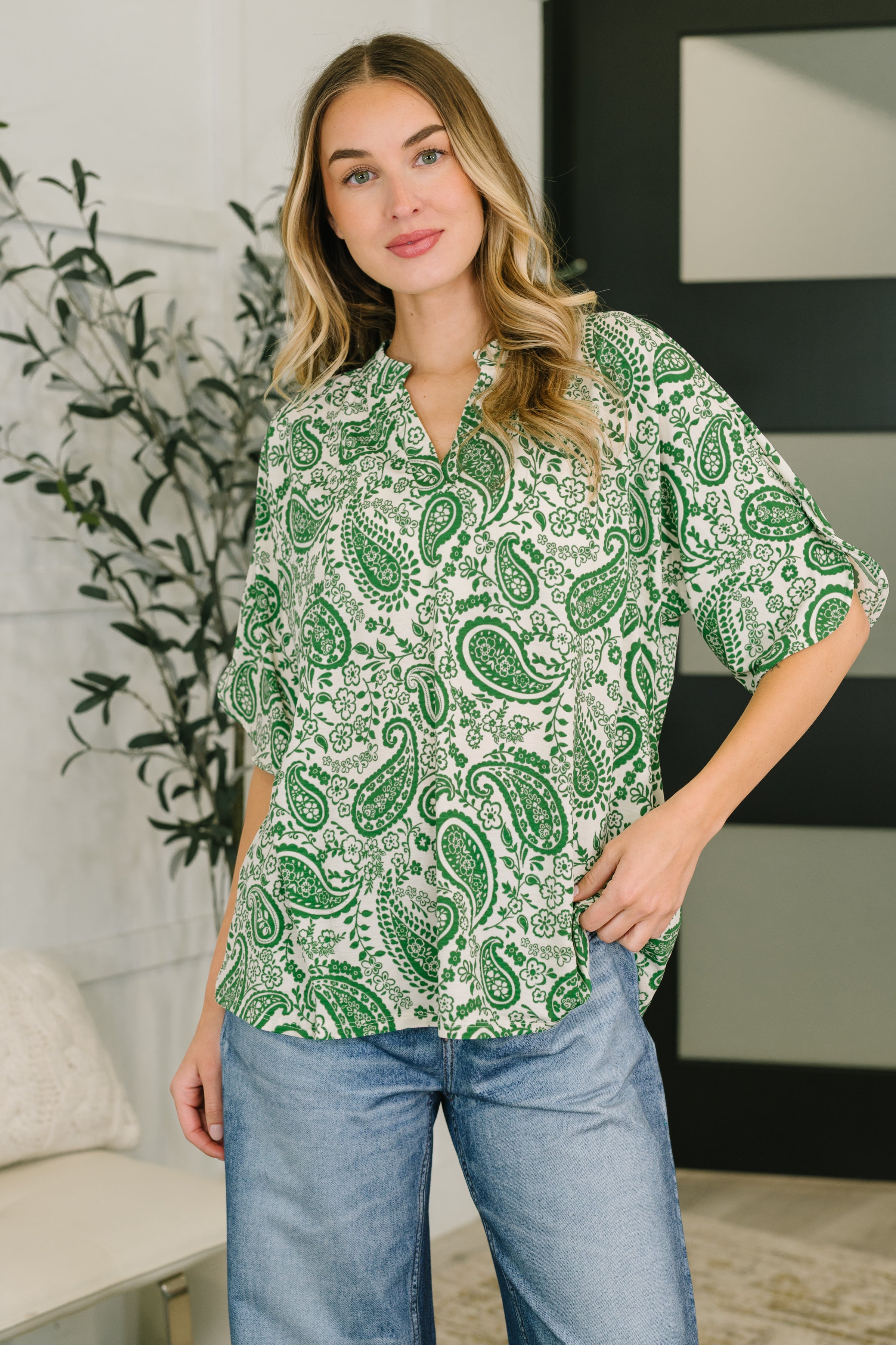 Dear Scarlett Lizzy Breeze Top in Green Paisley Womens