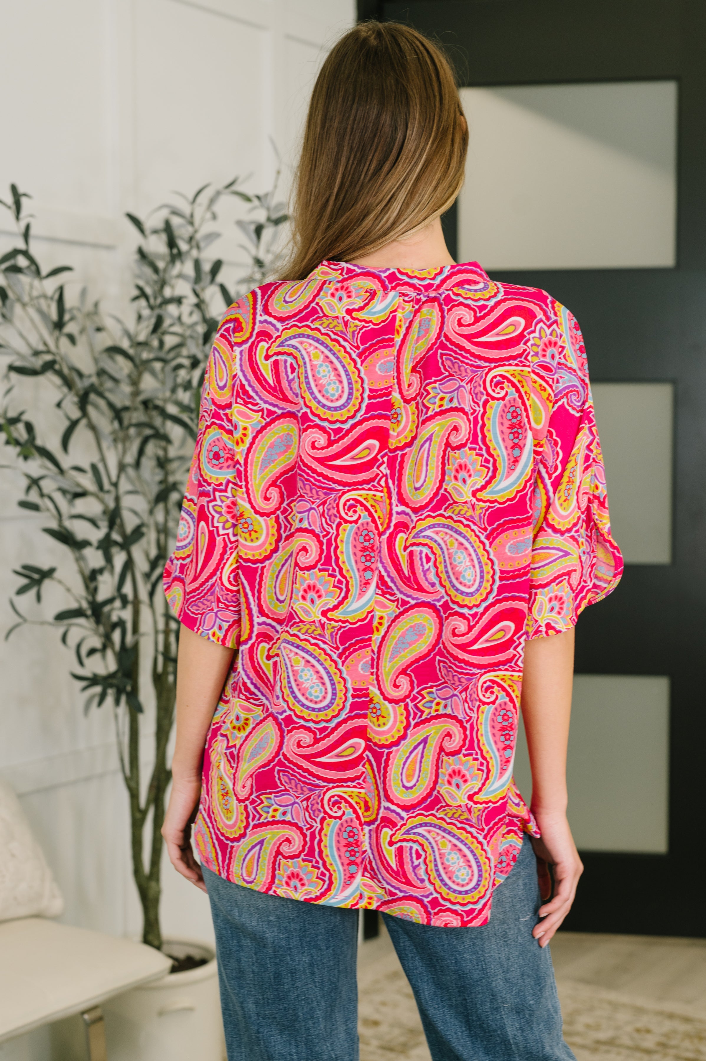 Dear Scarlett Lizzy Breeze Top in Hot Pink Paisley Womens