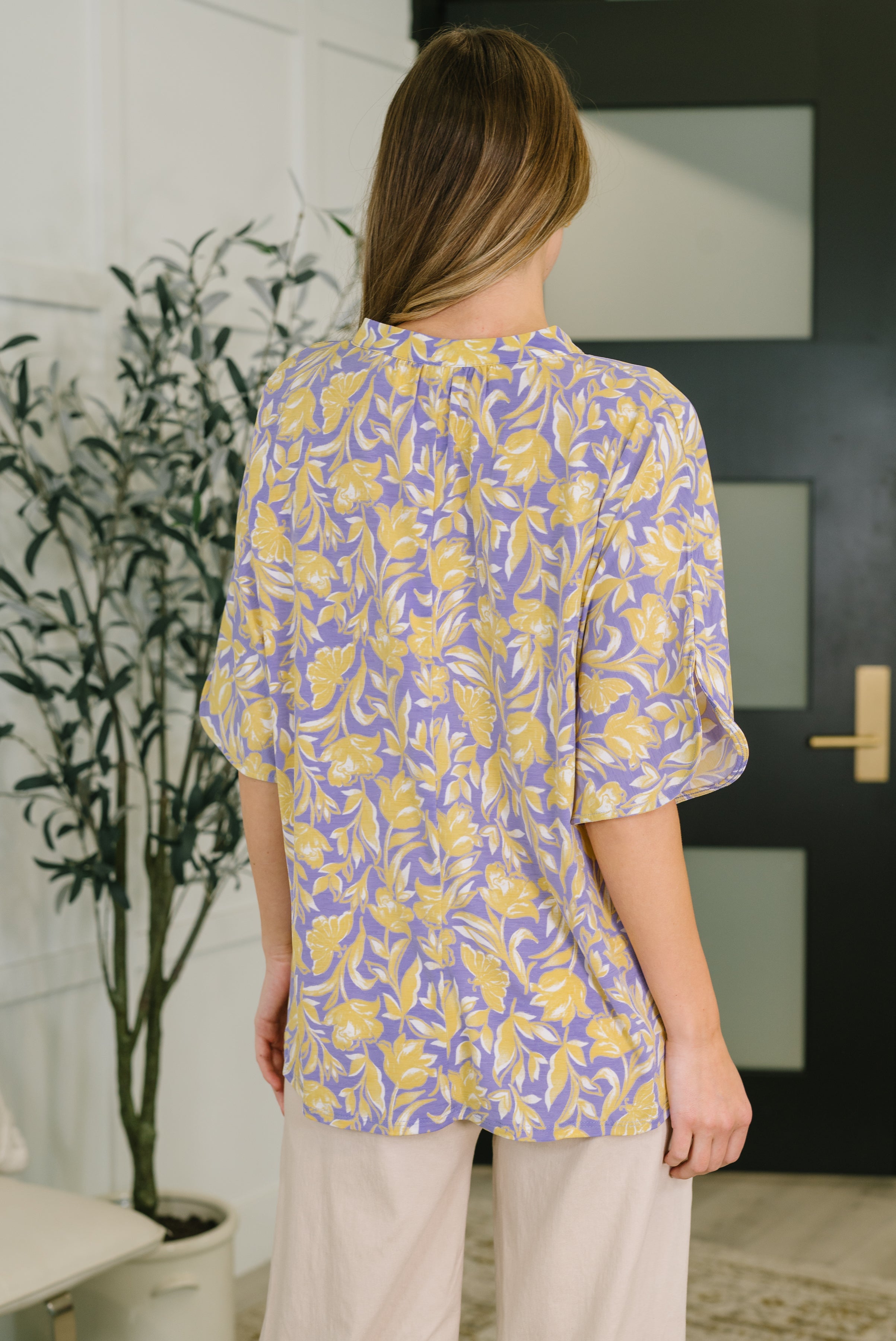 Dear Scarlett Lizzy Breeze Top in Purple and Yellow Floral Womens