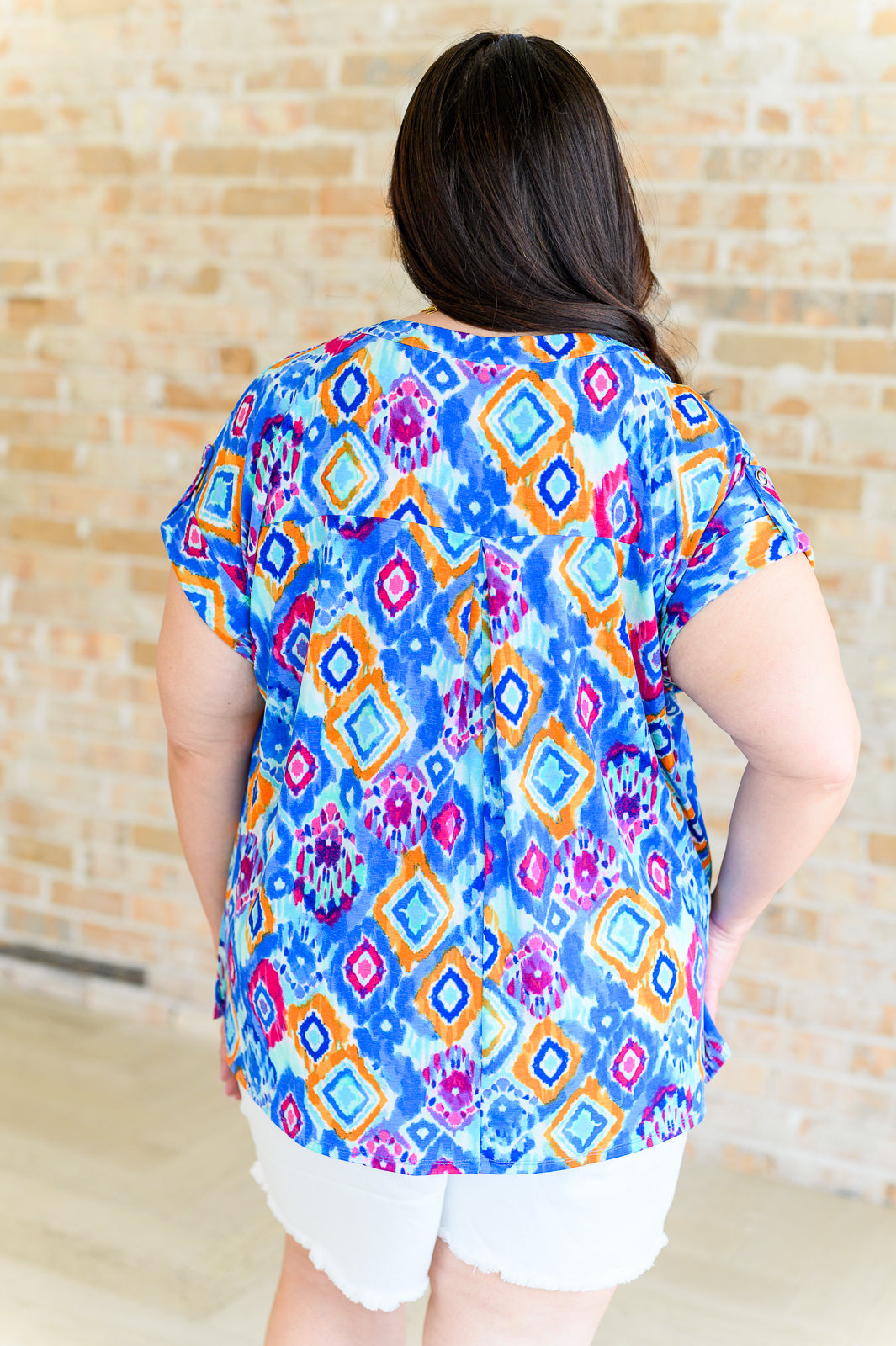 Dear Scarlett Lizzy Cap Sleeve Top in Blue and Magenta Ikat Shirts & Tops