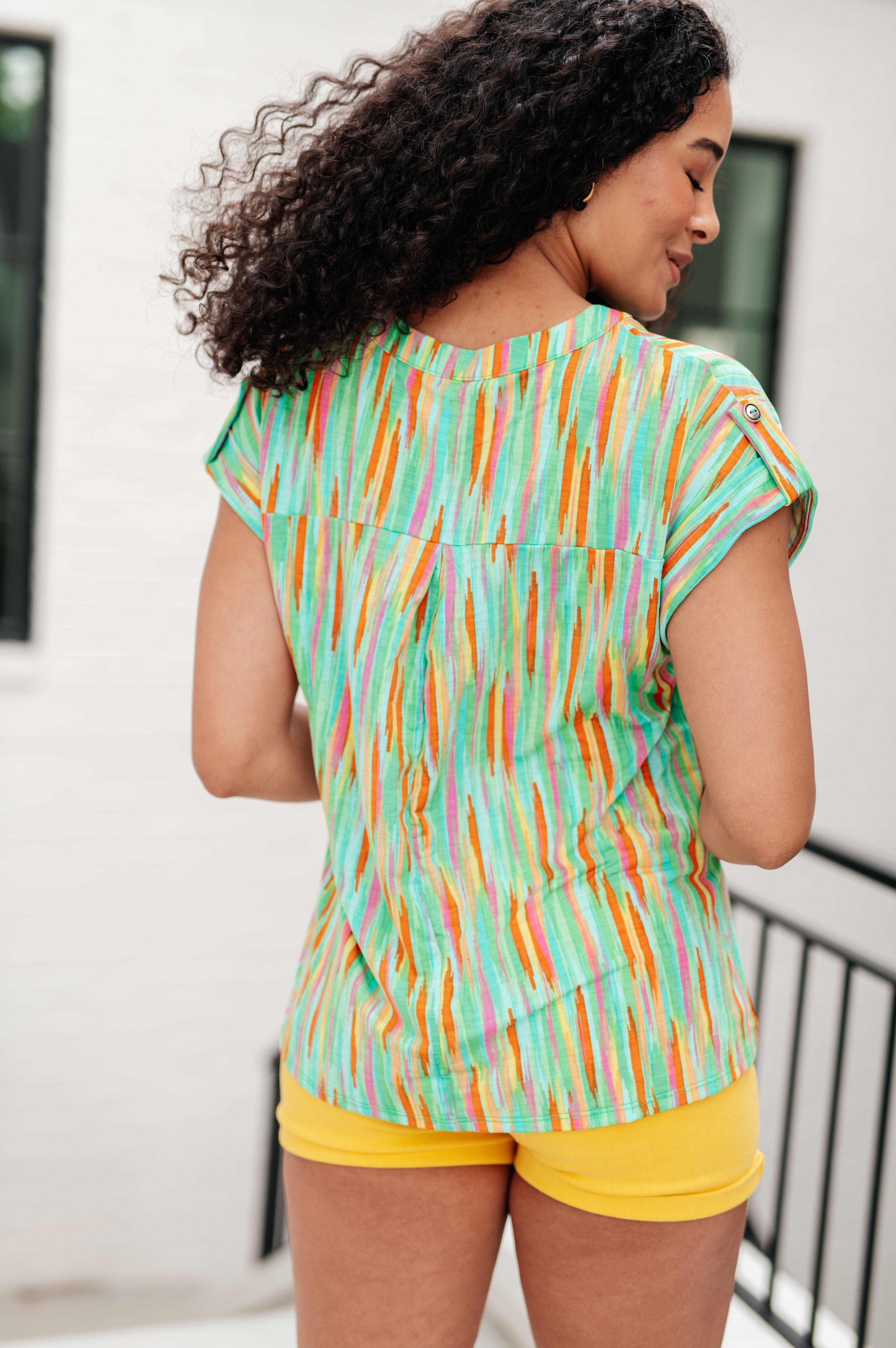 Dear Scarlett Lizzy Cap Sleeve Top in Lime and Emerald Multi Stripe Shirts & Tops