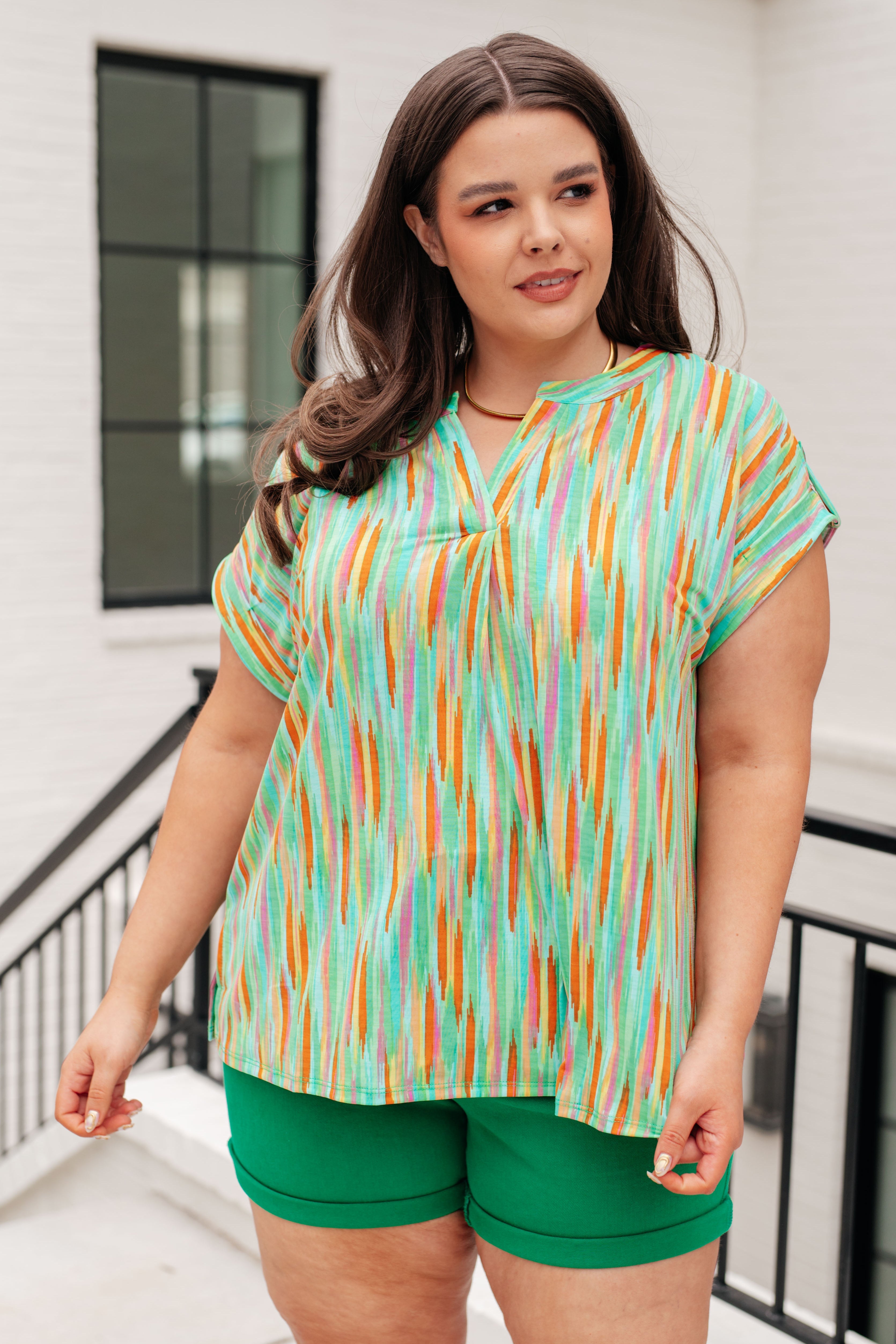 Dear Scarlett Lizzy Cap Sleeve Top in Lime and Emerald Multi Stripe Shirts & Tops