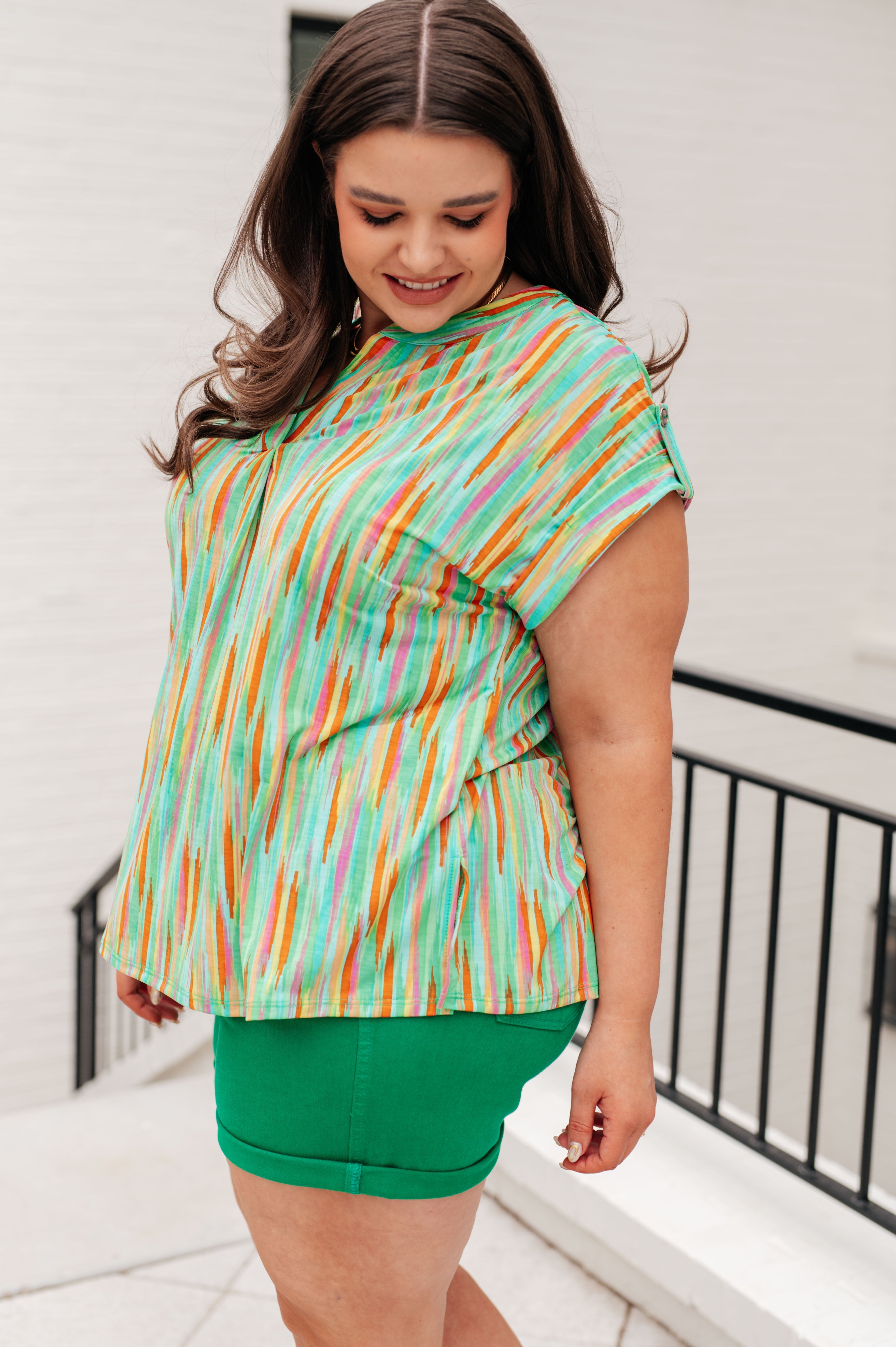 Dear Scarlett Lizzy Cap Sleeve Top in Lime and Emerald Multi Stripe Shirts & Tops