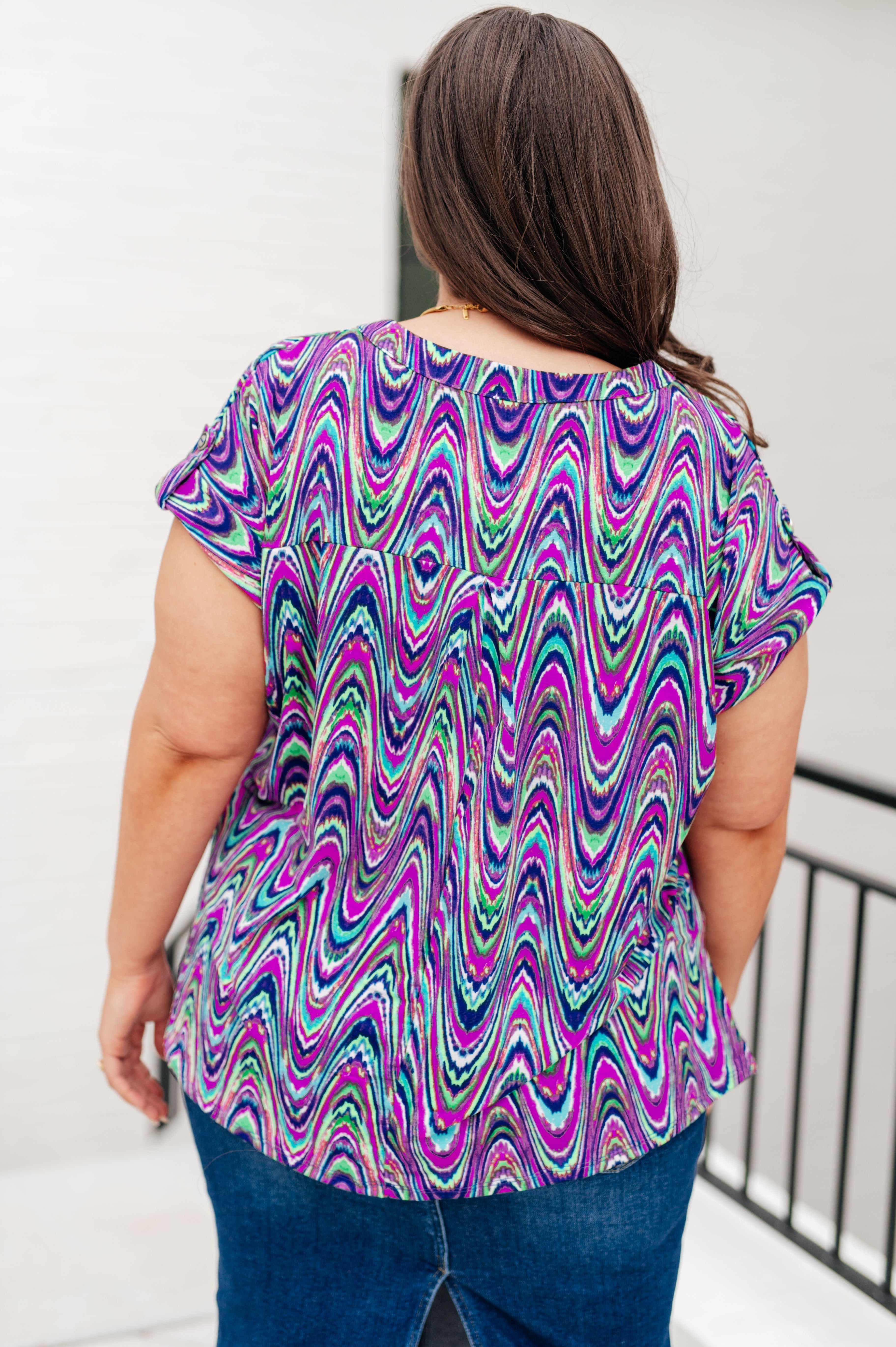 Dear Scarlett Lizzy Cap Sleeve Top in Purple Multi Marble Shirts & Tops