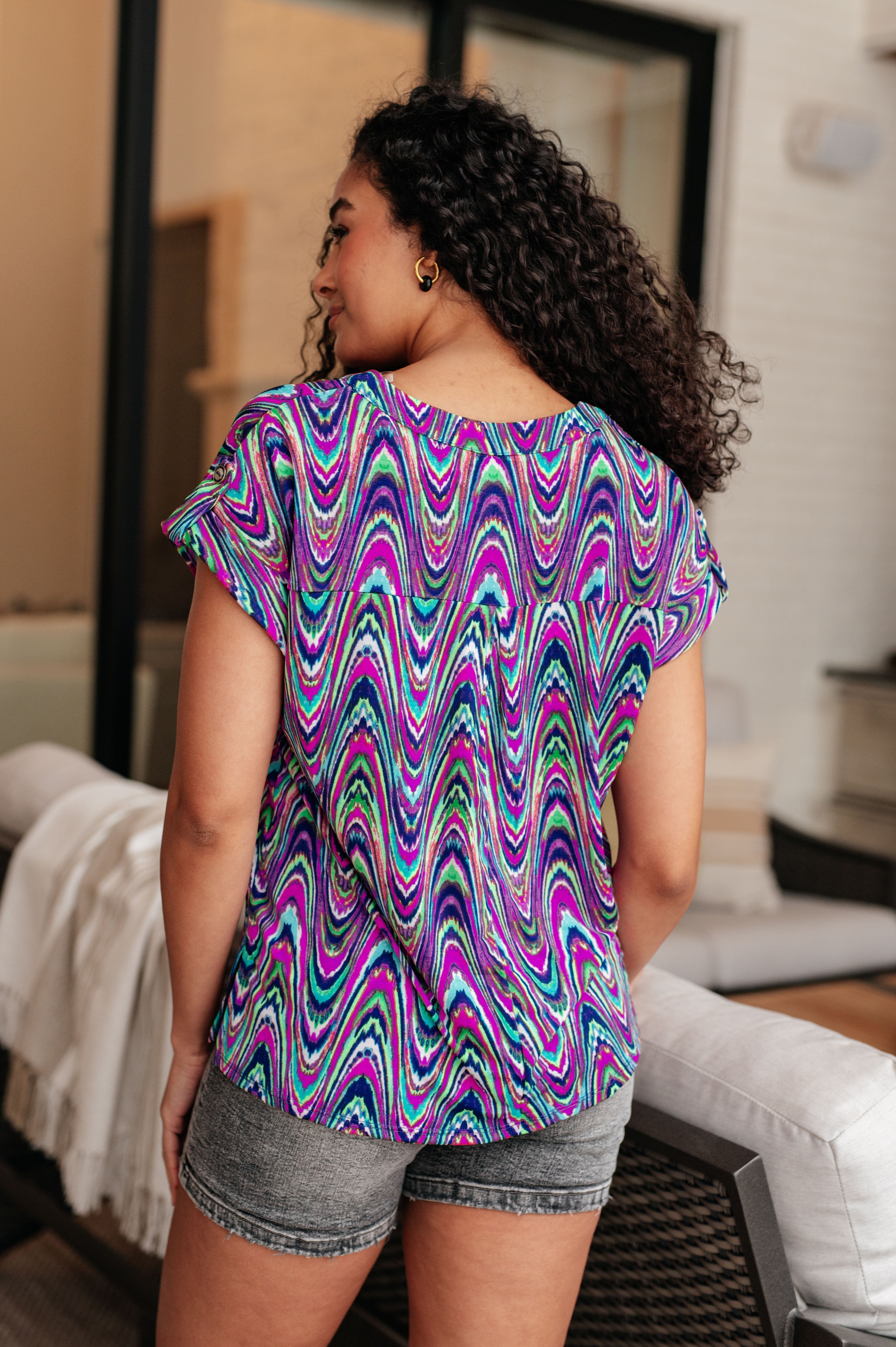 Dear Scarlett Lizzy Cap Sleeve Top in Purple Multi Marble Shirts & Tops