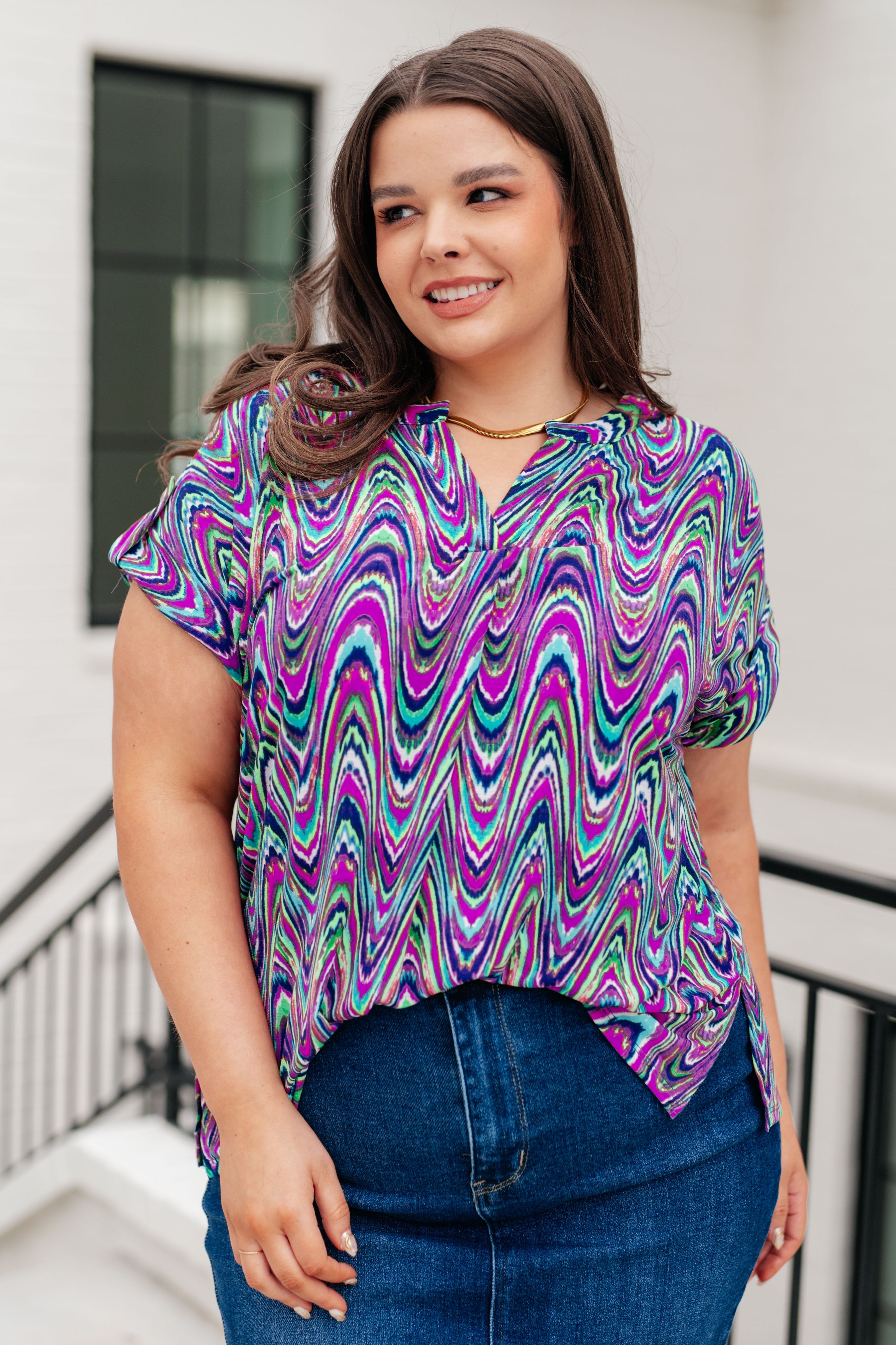 Dear Scarlett Lizzy Cap Sleeve Top in Purple Multi Marble Shirts & Tops