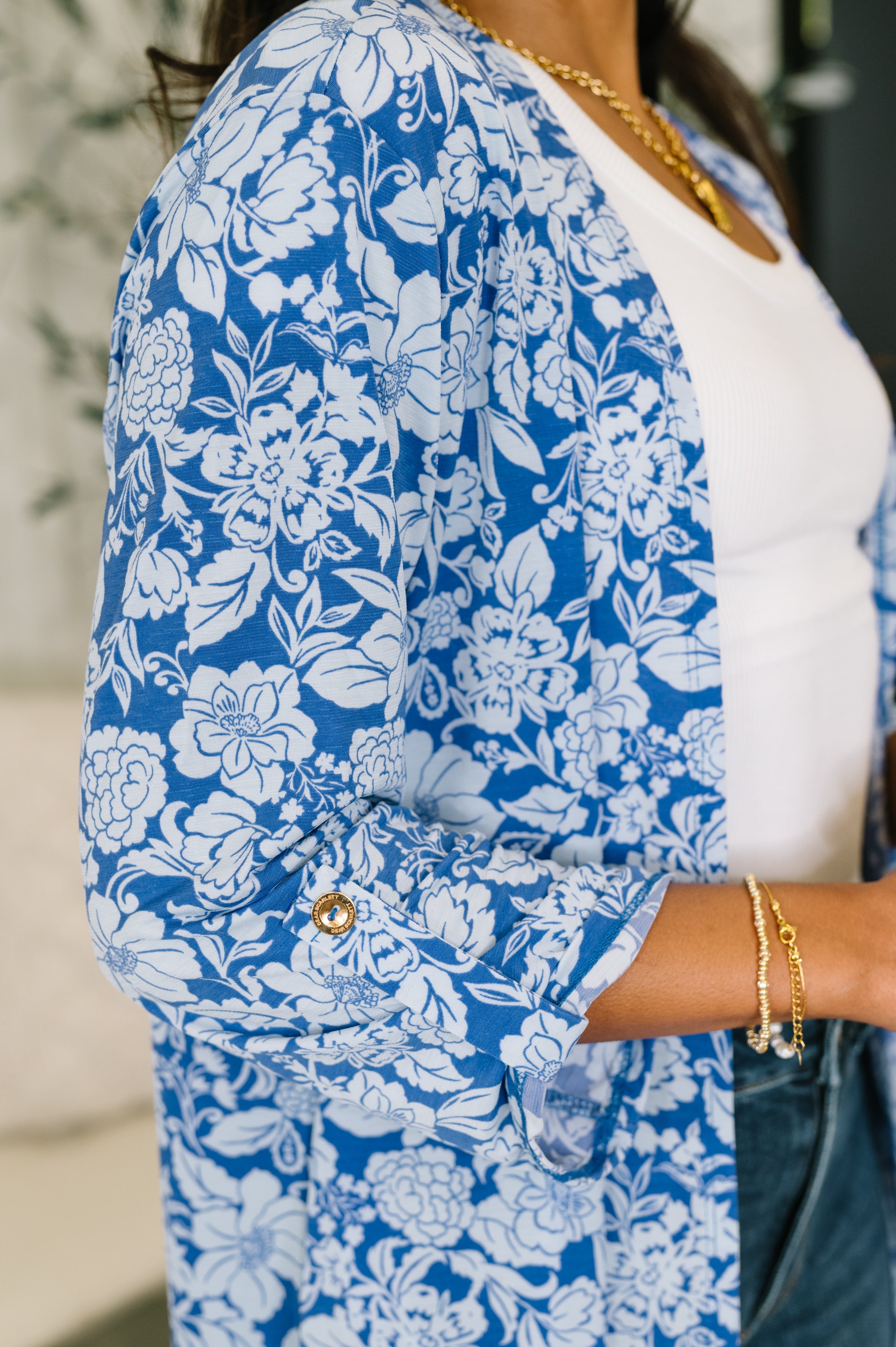 Lizzy Cardigan in Blue and White Floral Womens