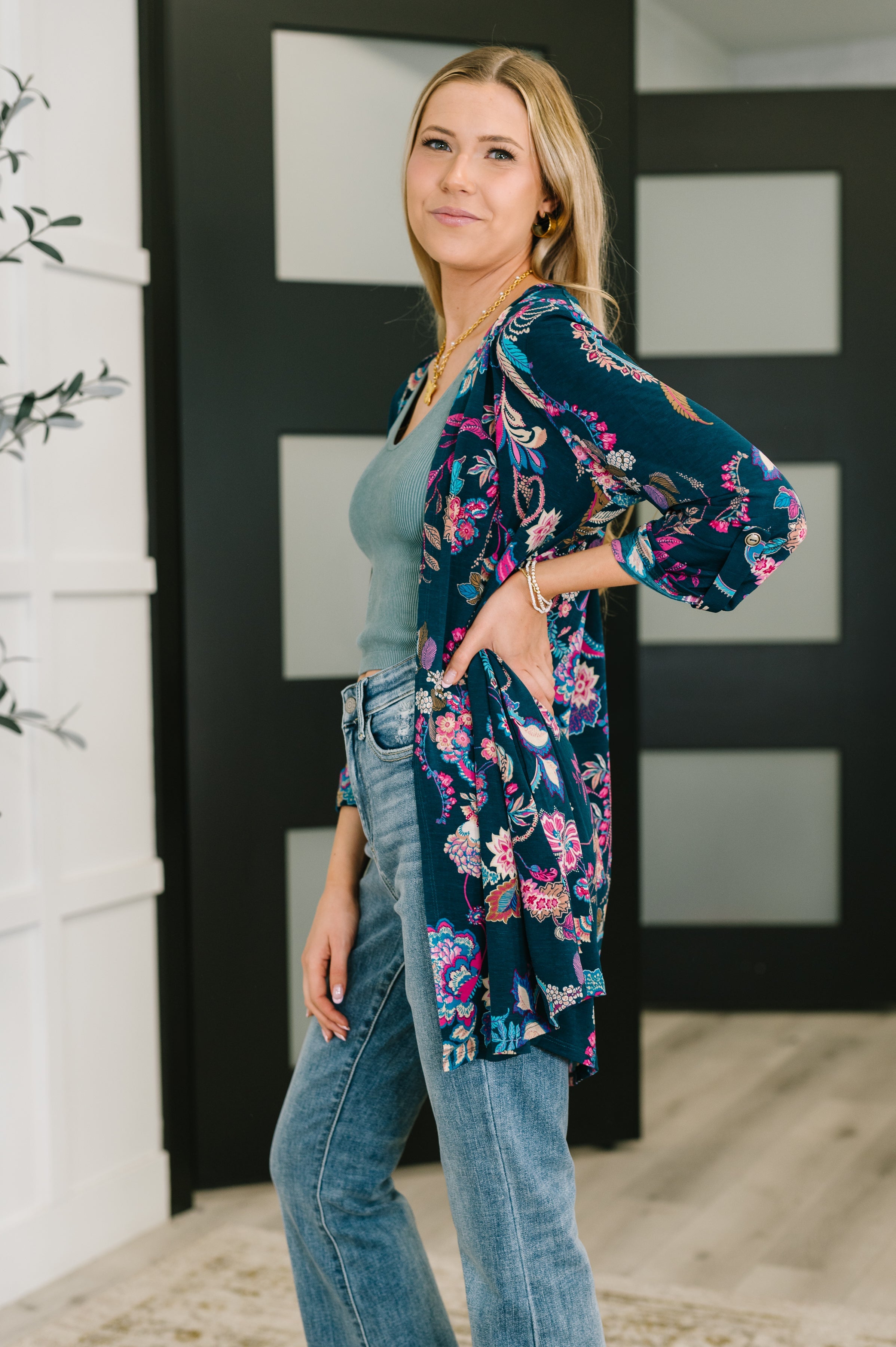 Dear Scarlett Lizzy Cardigan in Hunter Green Floral Paisley Womens