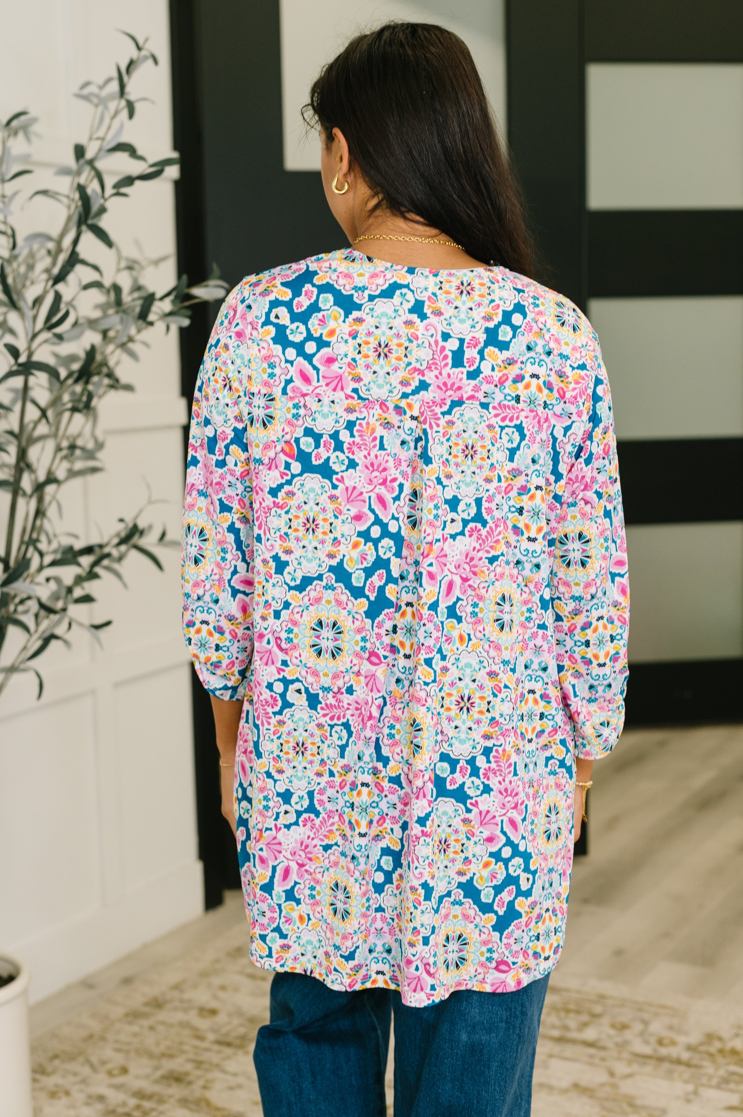 Lizzy Cardigan in Teal and Pink Floral Abstract Womens