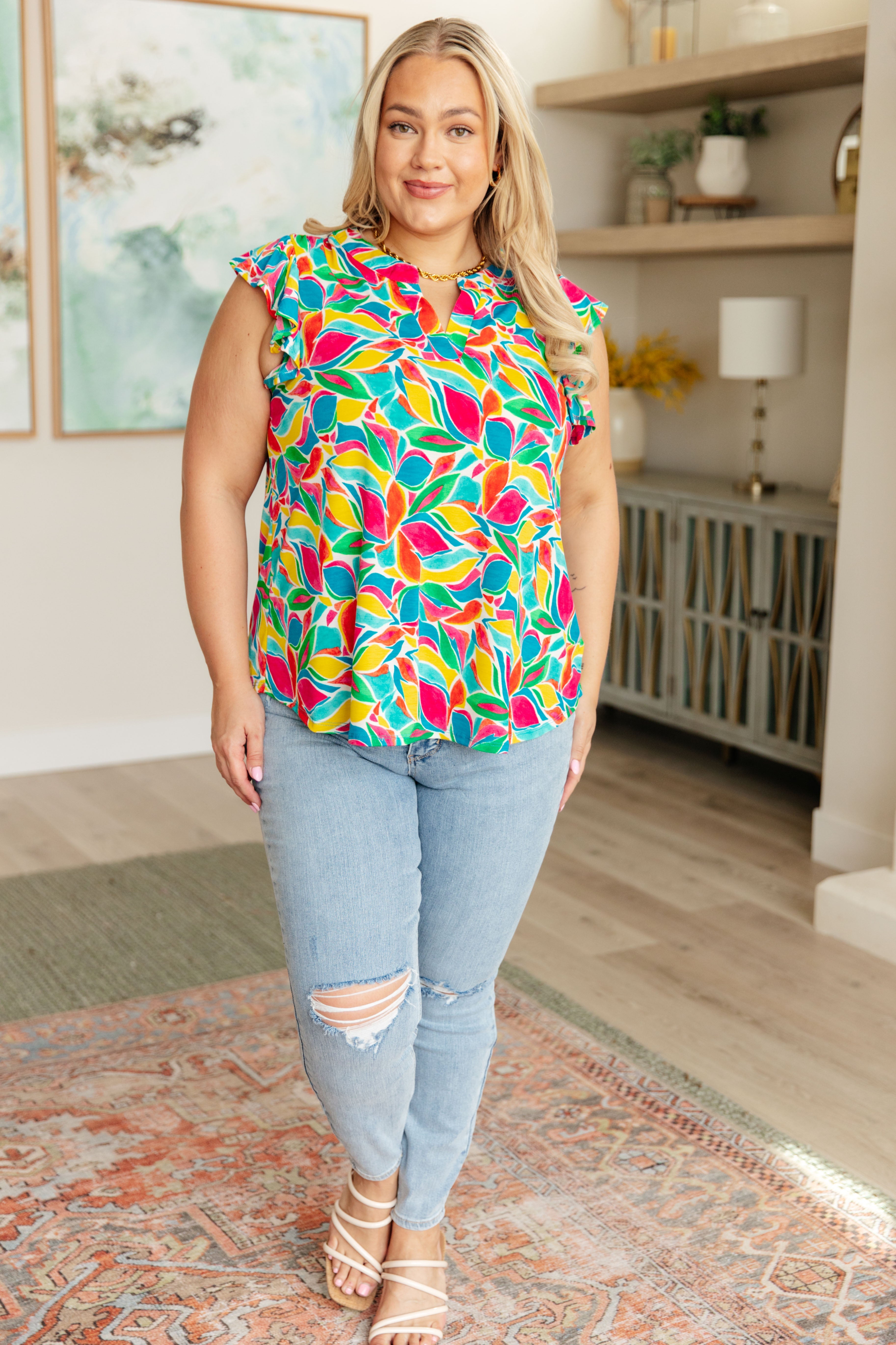 Dear Scarlett Lizzy Flutter Sleeve Top in Teal and Red Mod Floral Tops