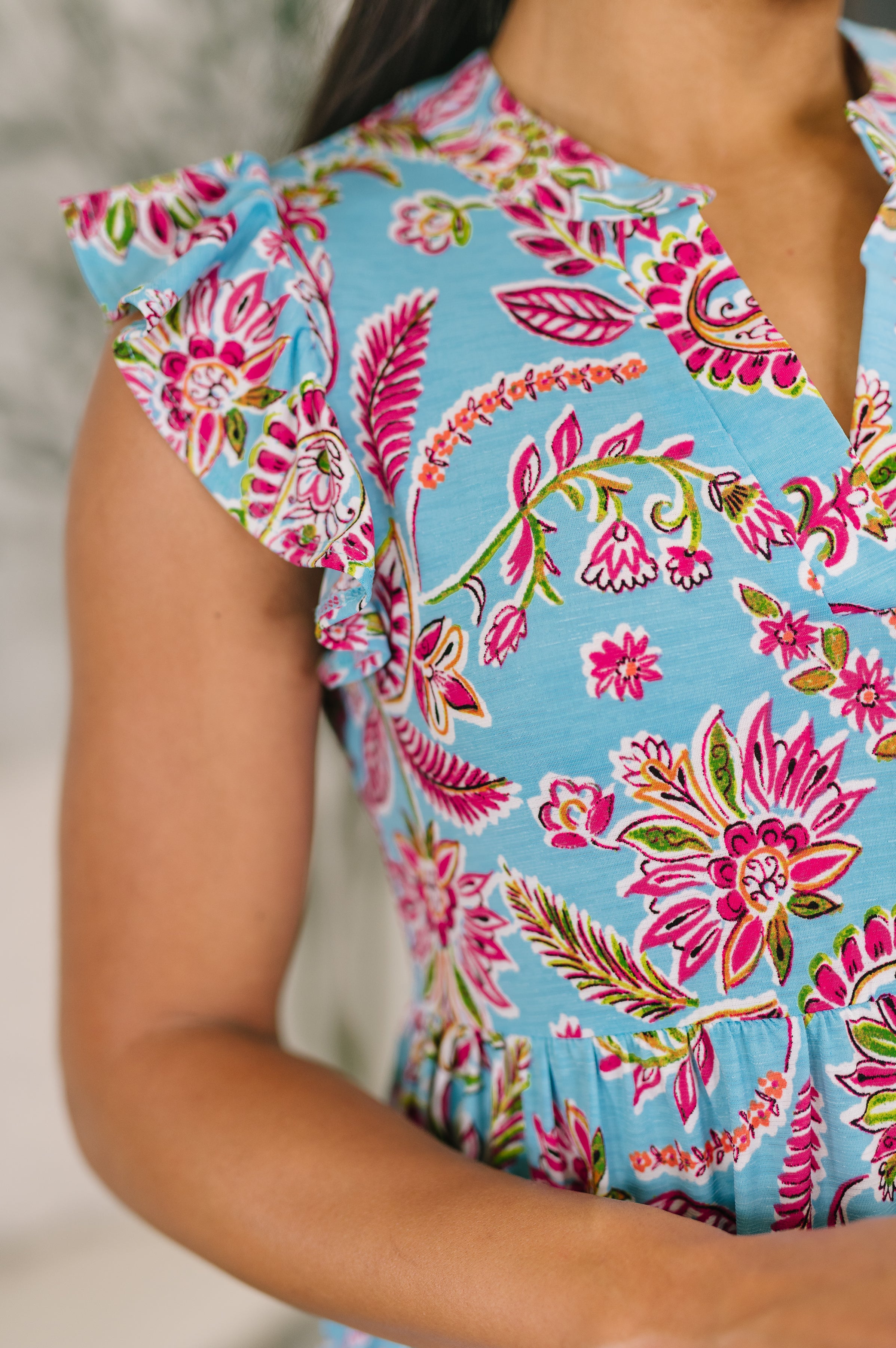 Dear Scarlett Lizzy Forever Flutter Sleeve Dress in Blue and Pink Paisley Floral Womens