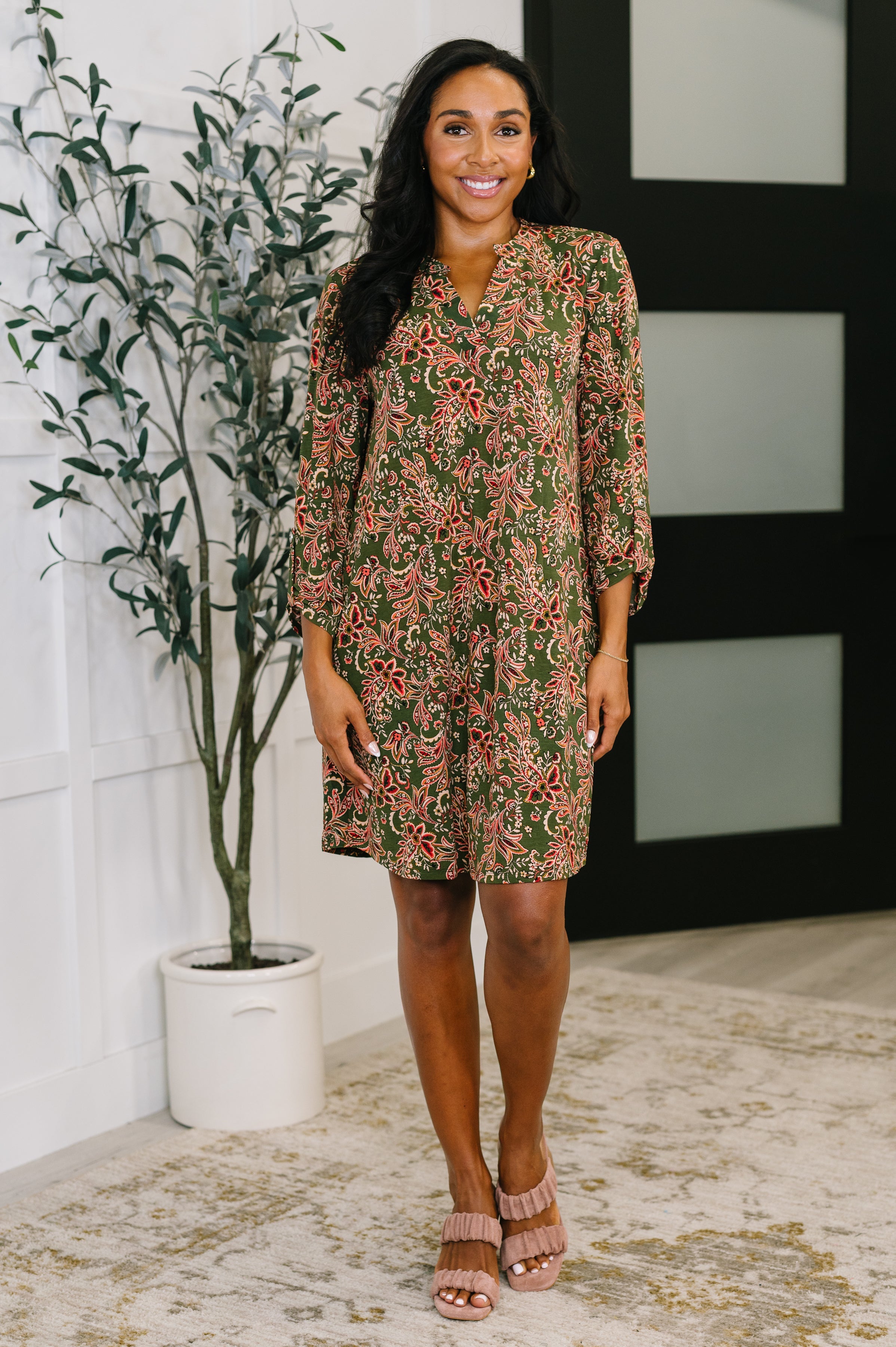 Dear Scarlett Lizzy Long Sleeve Dress in Olive Paisley Womens