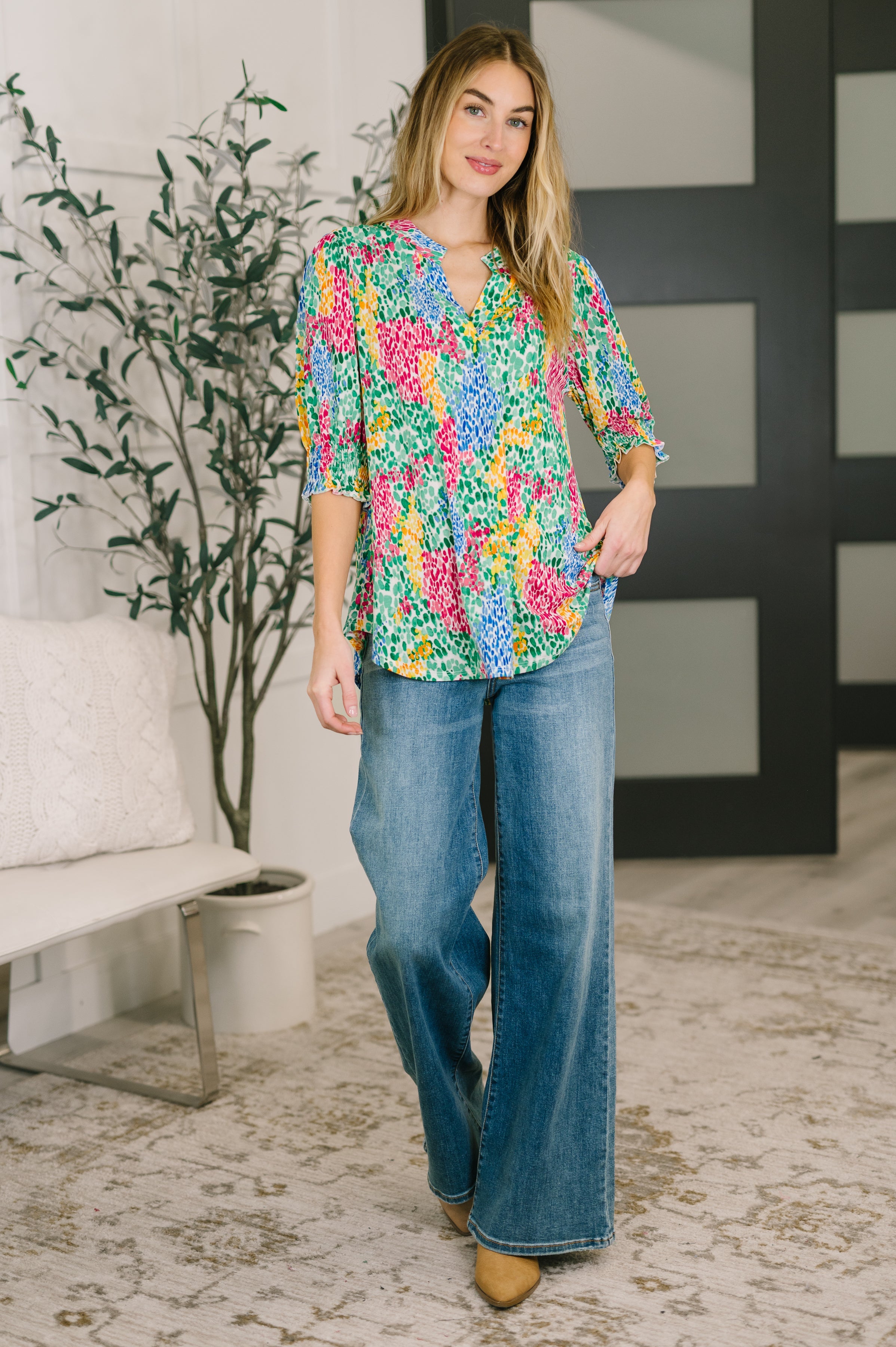 Dear Scarlett Lizzy Smock Top in Light Multi Painted Womens