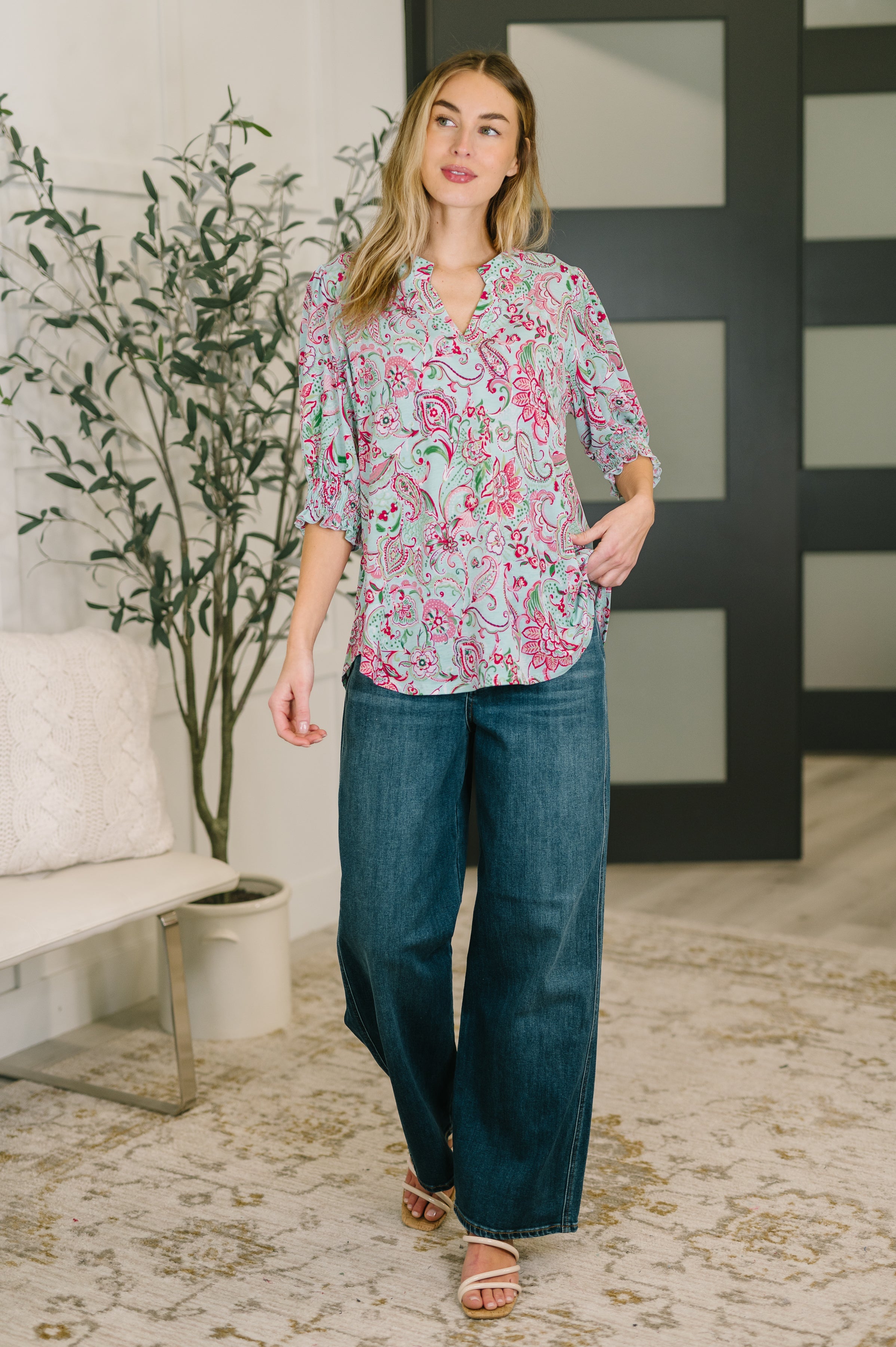 Dear Scarlett Lizzy Smock Top in Mint and Pink Floral Paisley Womens