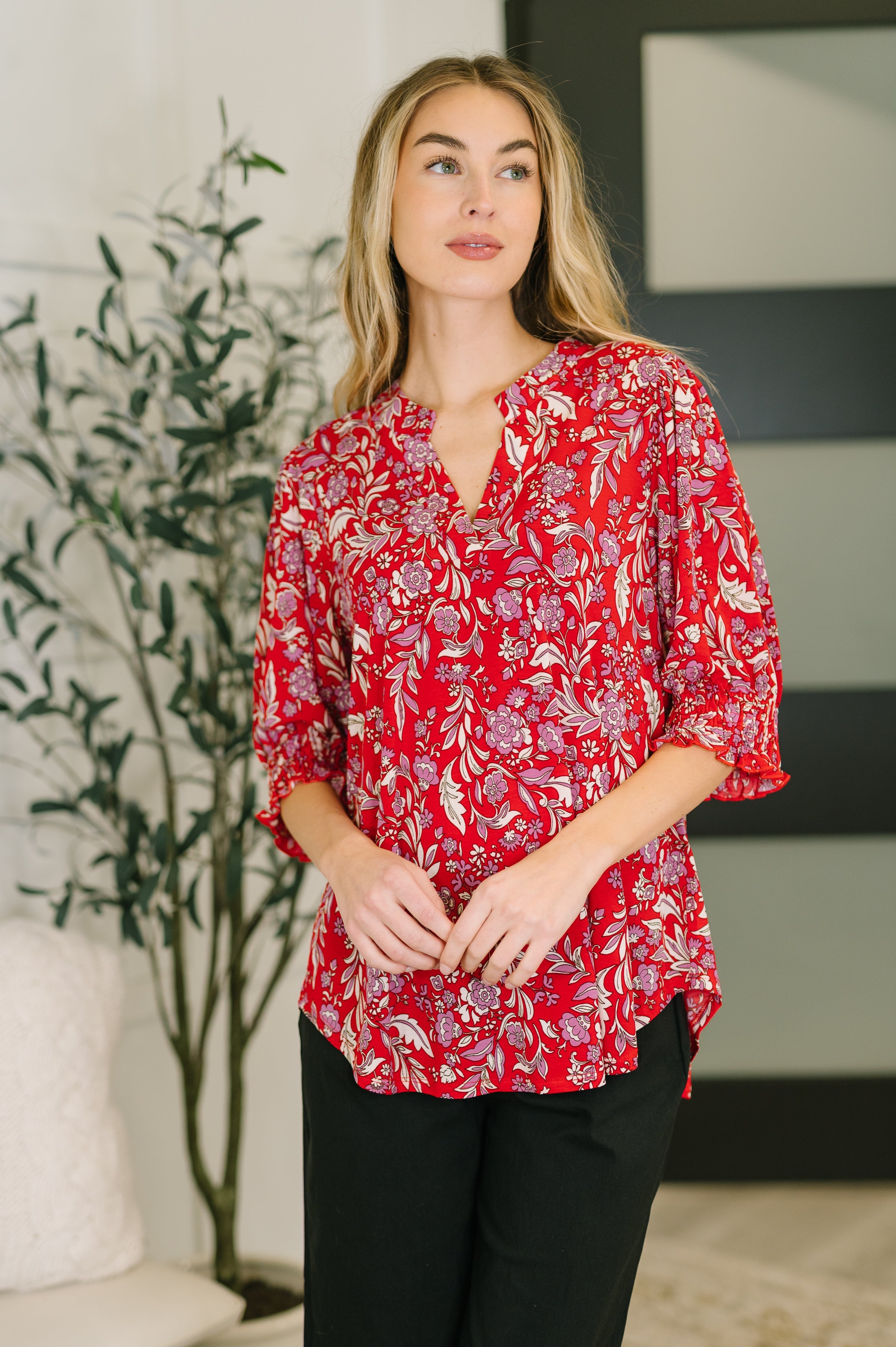 Dear Scarlett Lizzy Smock Top in Red and Pink Floral Womens