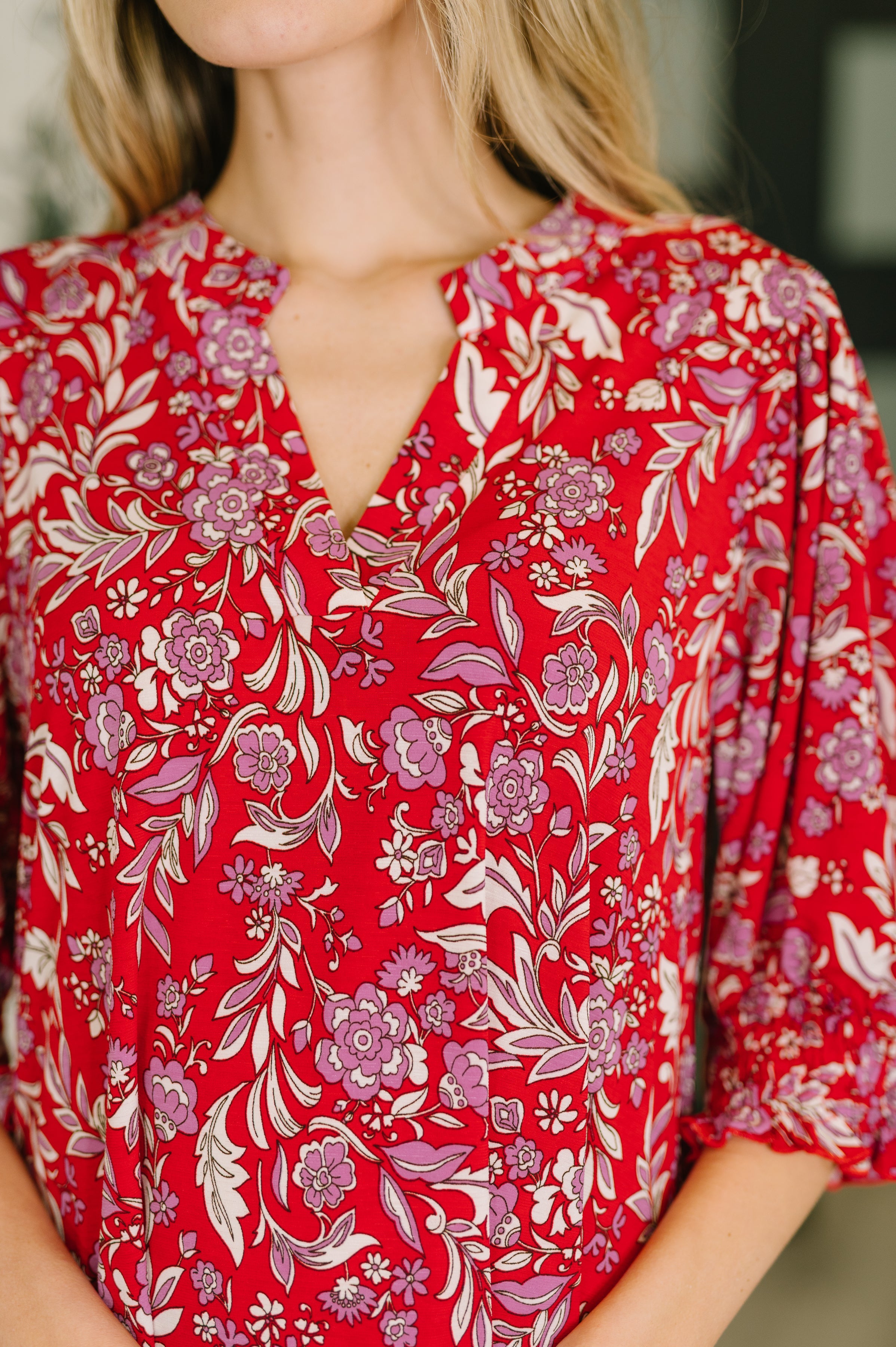 Dear Scarlett Lizzy Smock Top in Red and Pink Floral Womens