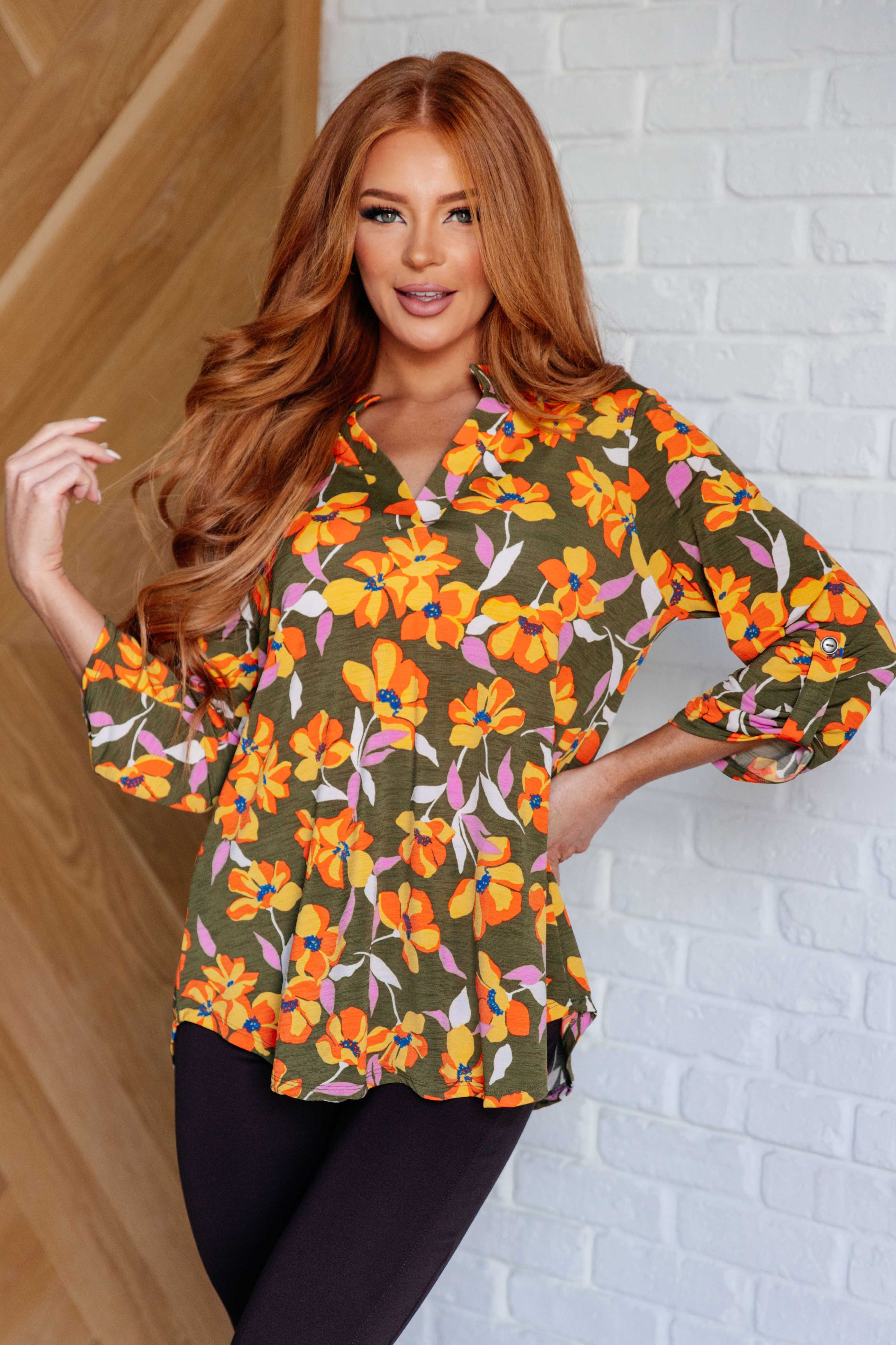 Dear Scarlett Lizzy Top in Olive and Mustard Floral Tops