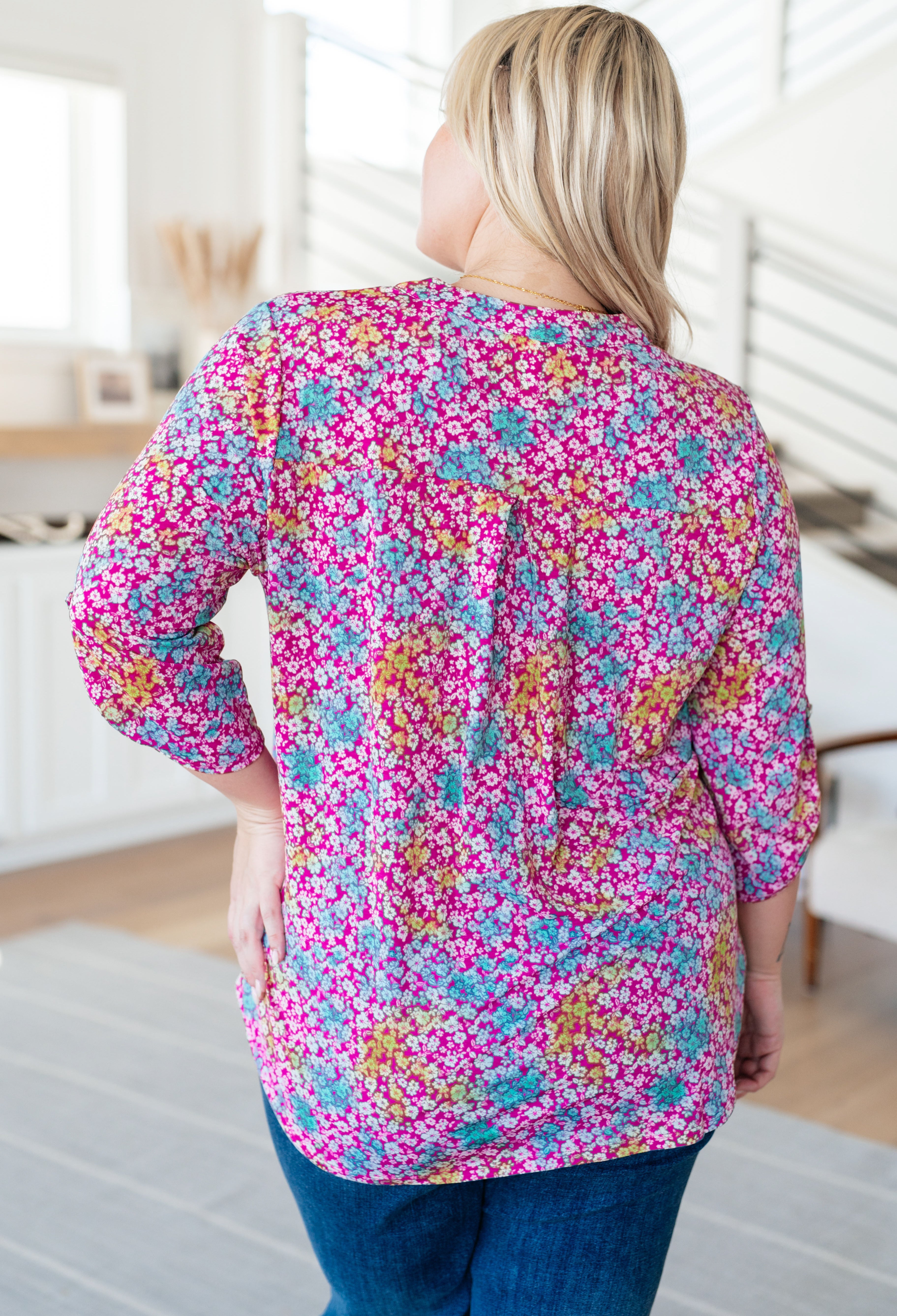 Dear Scarlett Lizzy Top in Pink and Aqua Ditsy Floral Shirts & Tops