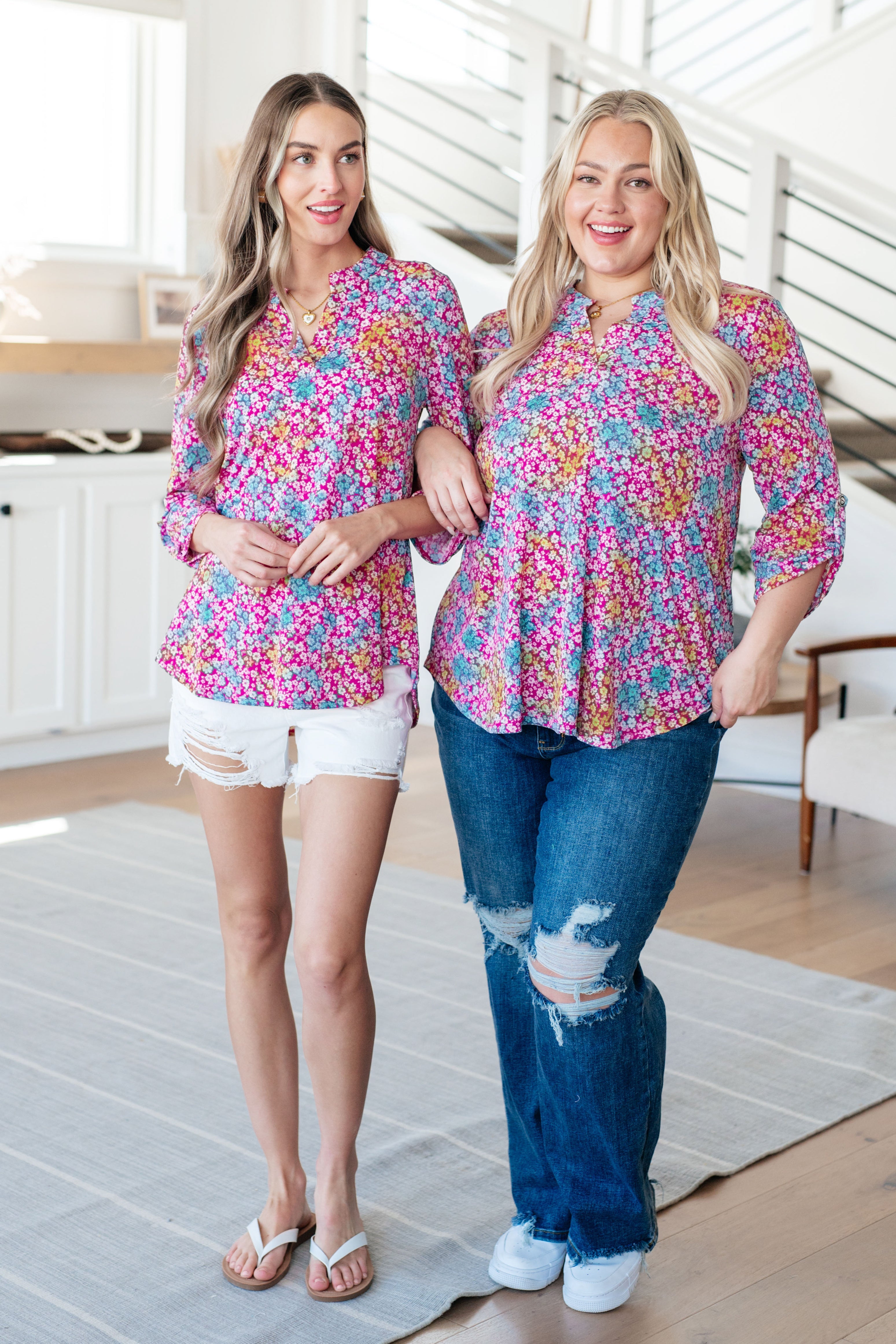 Dear Scarlett Lizzy Top in Pink and Aqua Ditsy Floral Shirts & Tops