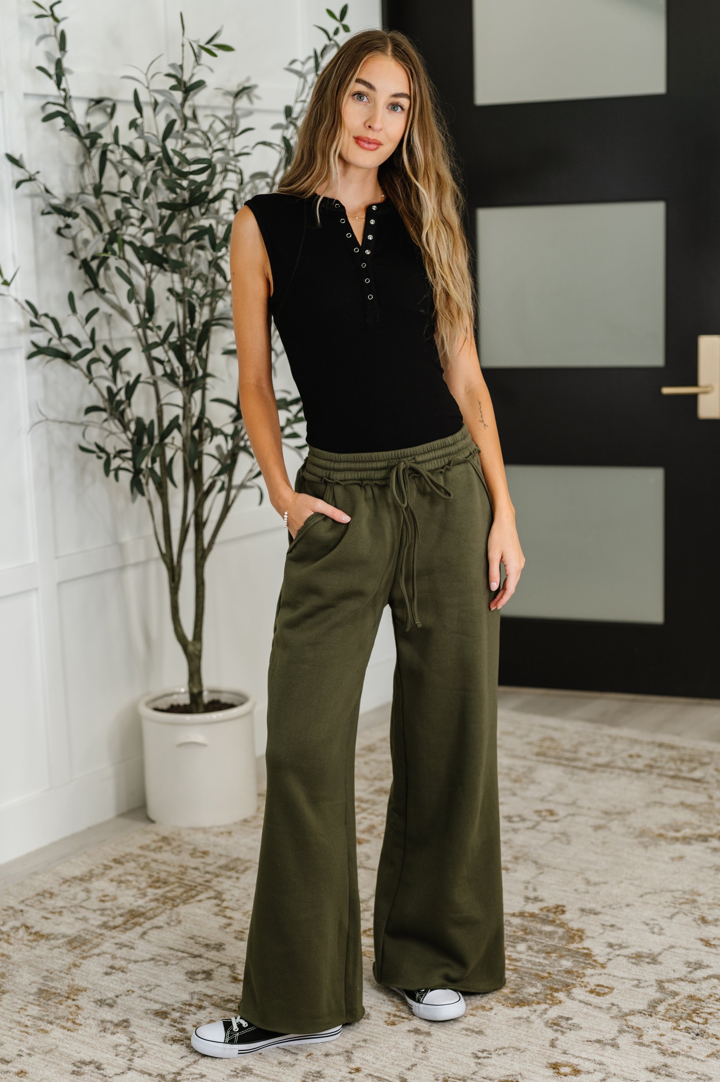 Zenana Lounge Line Wide Leg Sweats in Dark Olive Womens