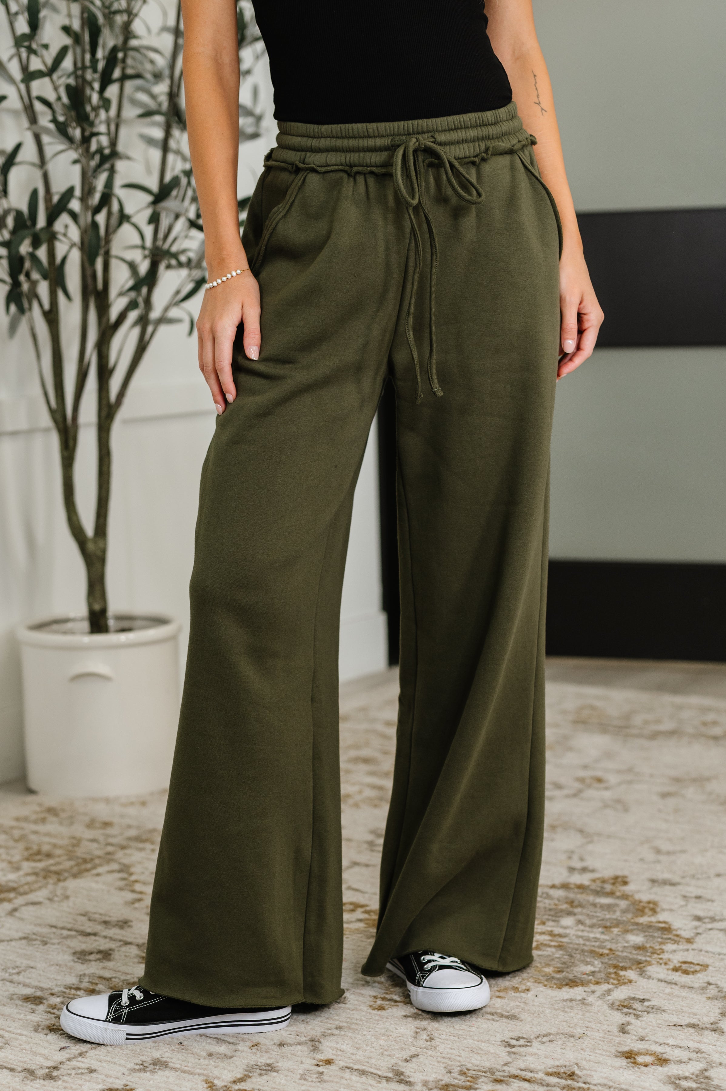 Zenana Lounge Line Wide Leg Sweats in Dark Olive Large Womens