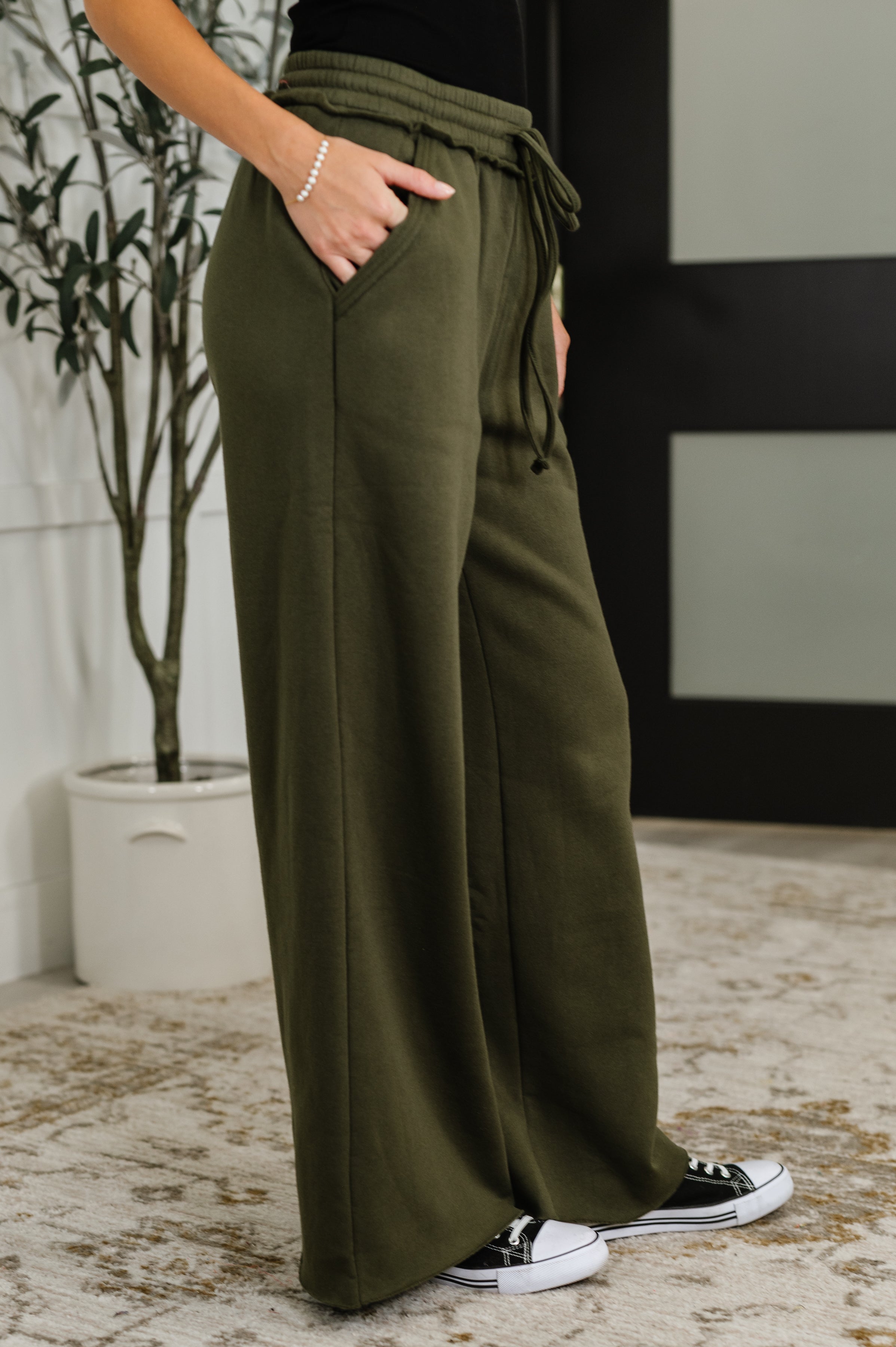 Zenana Lounge Line Wide Leg Sweats in Dark Olive Womens
