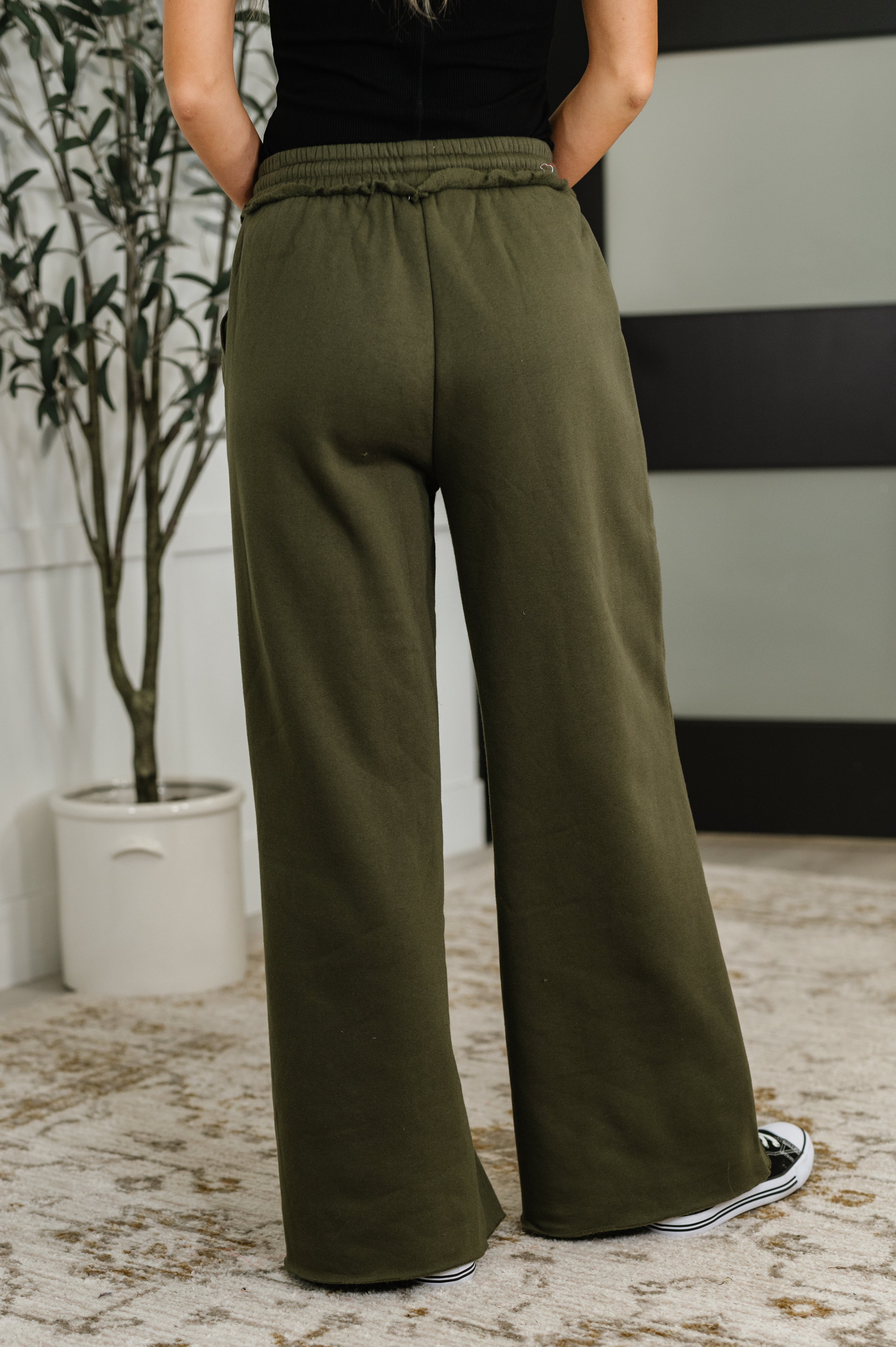 Zenana Lounge Line Wide Leg Sweats in Dark Olive Womens
